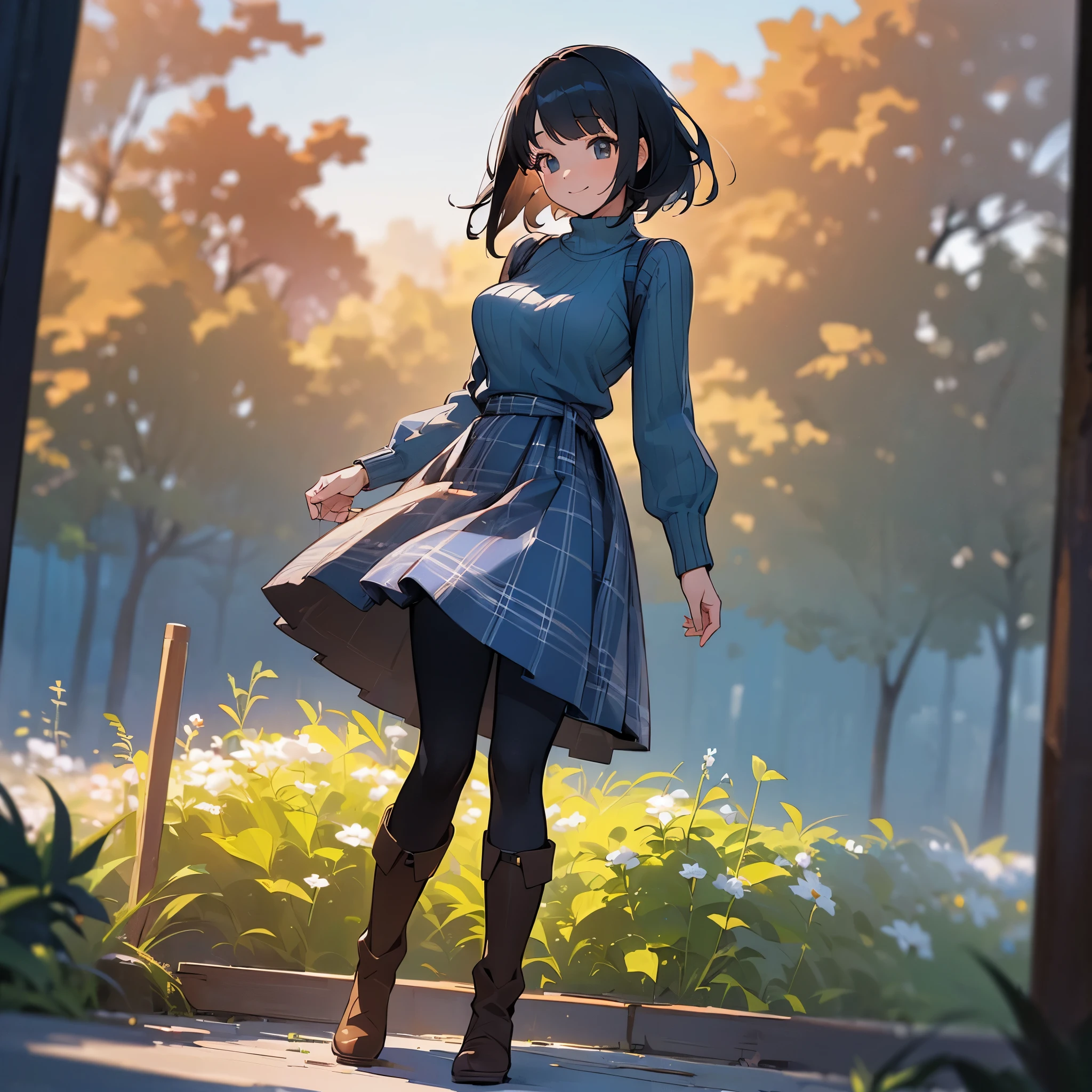 (high quality, high resolution, Super detailed, Reality:1.37), peaceful atmosphere, (outdoor, garden), Teenage girl standing alone, (My breasts are big.), Beautiful detailed features, cute smile, (black bob hair), ribbed sweater, blue plaid skirt, Black tights, brown boots.
