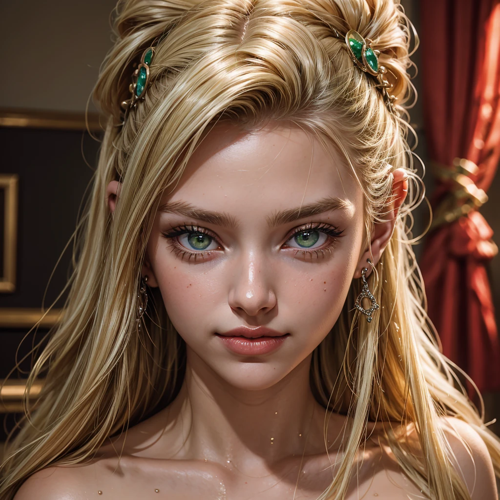 Portrait of a young 19 years old girl, wet blonde hair, bright green large eyes, red luscious pierced lips, nose ring, smirking, looking at the camera, evening, in a room, ultra realistic, hyperrealistic, 3d, 4k