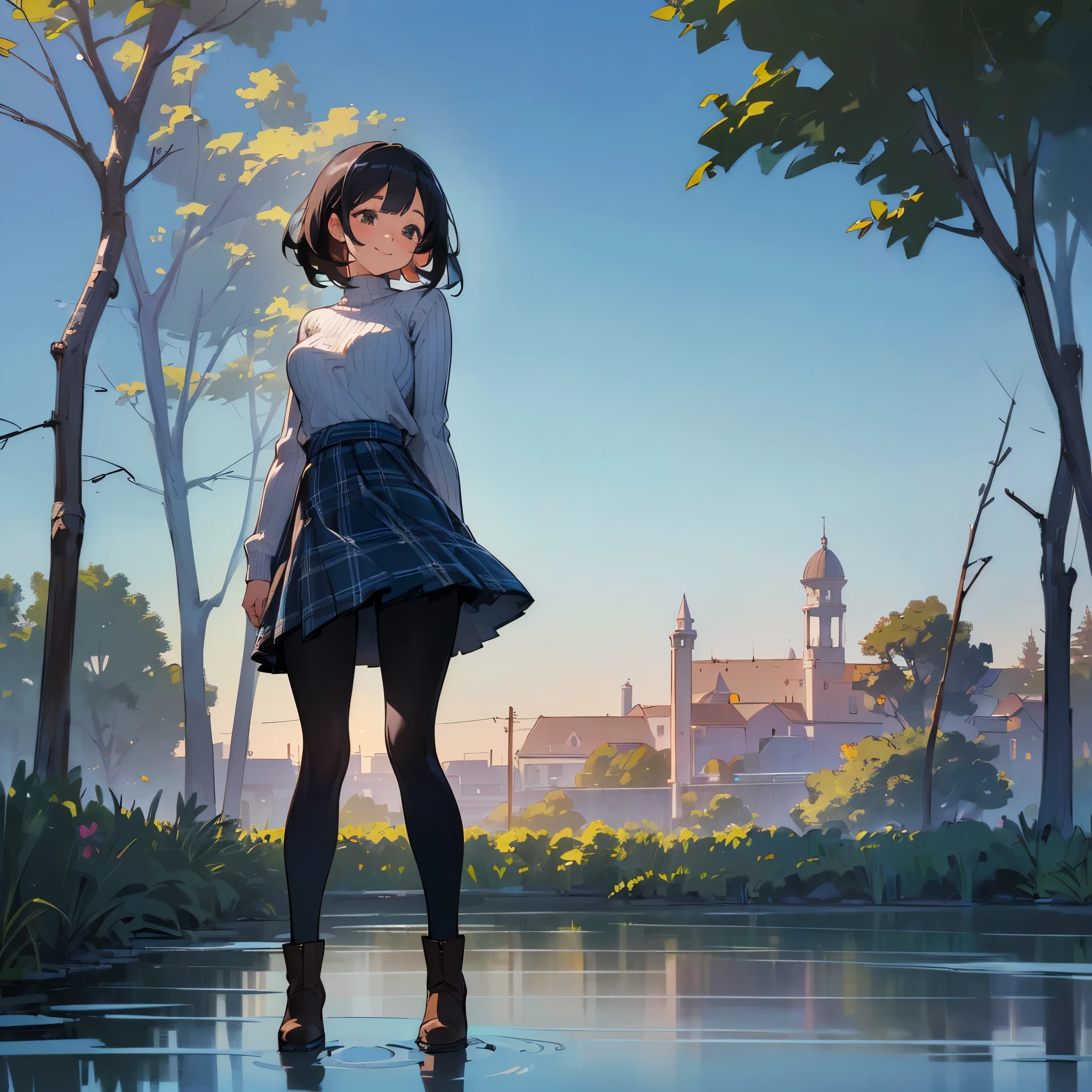 (high quality, high resolution, Super detailed, Reality:1.37), peaceful atmosphere, (outdoor, garden), Teenage girl standing alone, (My breasts are big.), Beautiful detailed features, cute smile, (black bob hair), ribbed sweater, blue plaid skirt, Black tights, brown boots.