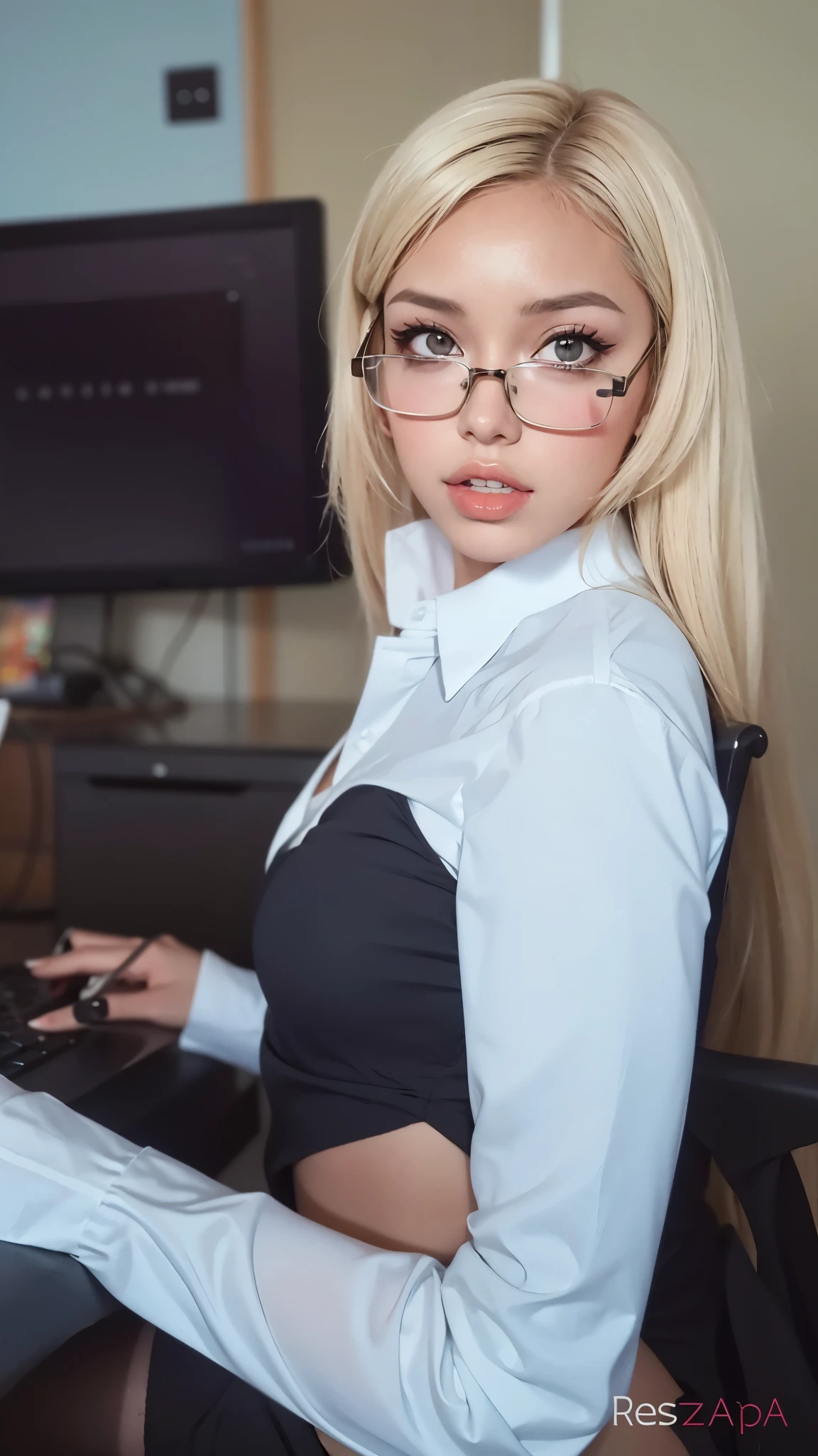 Mujer rubia con gafas sentada en un escritorio con una computadora, con gafas, hypercolegiala realista, a hypercolegiala realista, colegiala realista, nerd appearance, sat at his desk, retrato de nicole aniston, vestido como , nerd, con gafas on, gafas gruesas, cyber school girl, Kerli Koiv como chica anime, vasos grandes