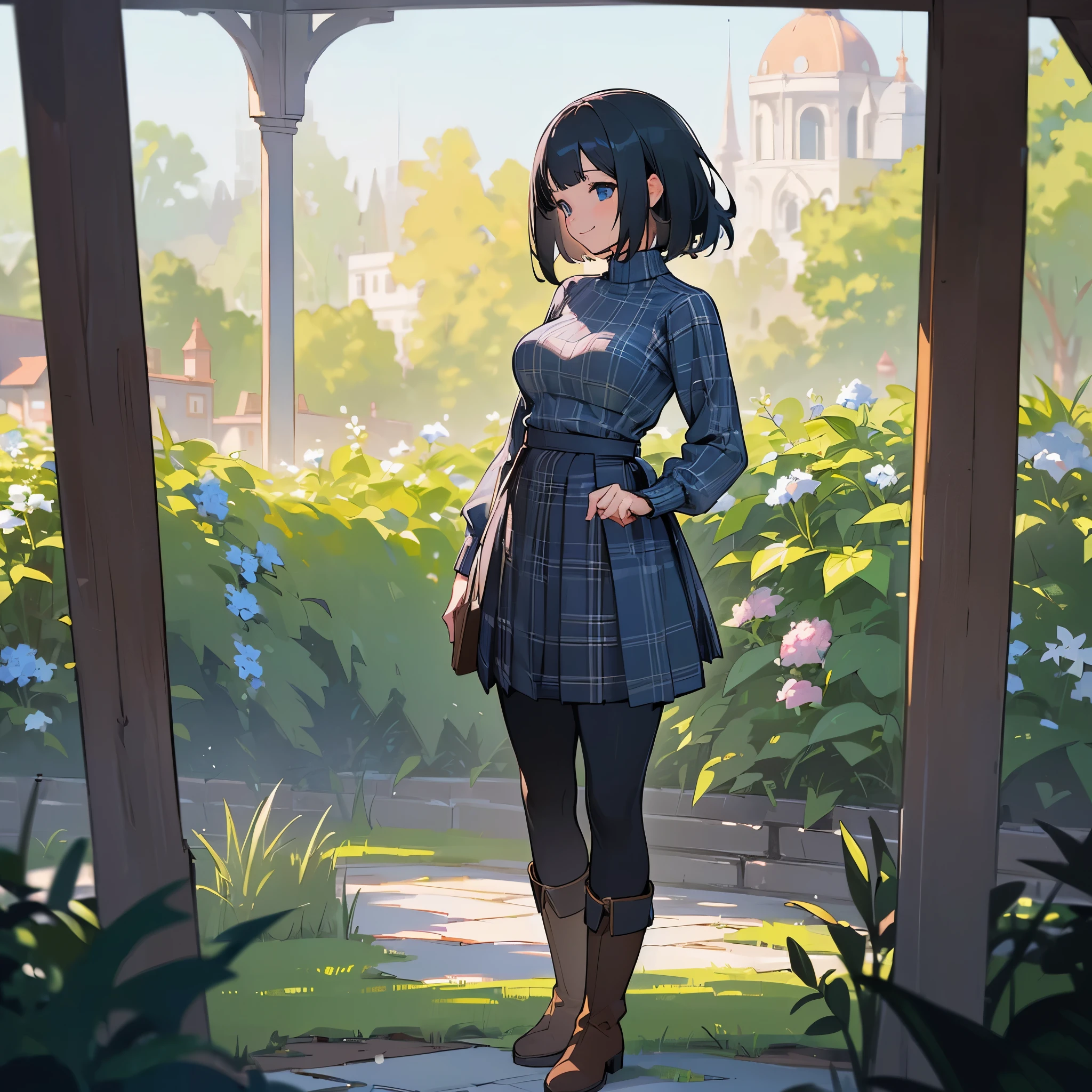 (high quality, high resolution, Super detailed, Reality:1.37), peaceful atmosphere, (outdoor, garden), Teenage girl standing alone, (My breasts are big.), Beautiful detailed features, cute smile, (black bob hair), ribbed sweater, blue plaid skirt, Black tights, brown boots.