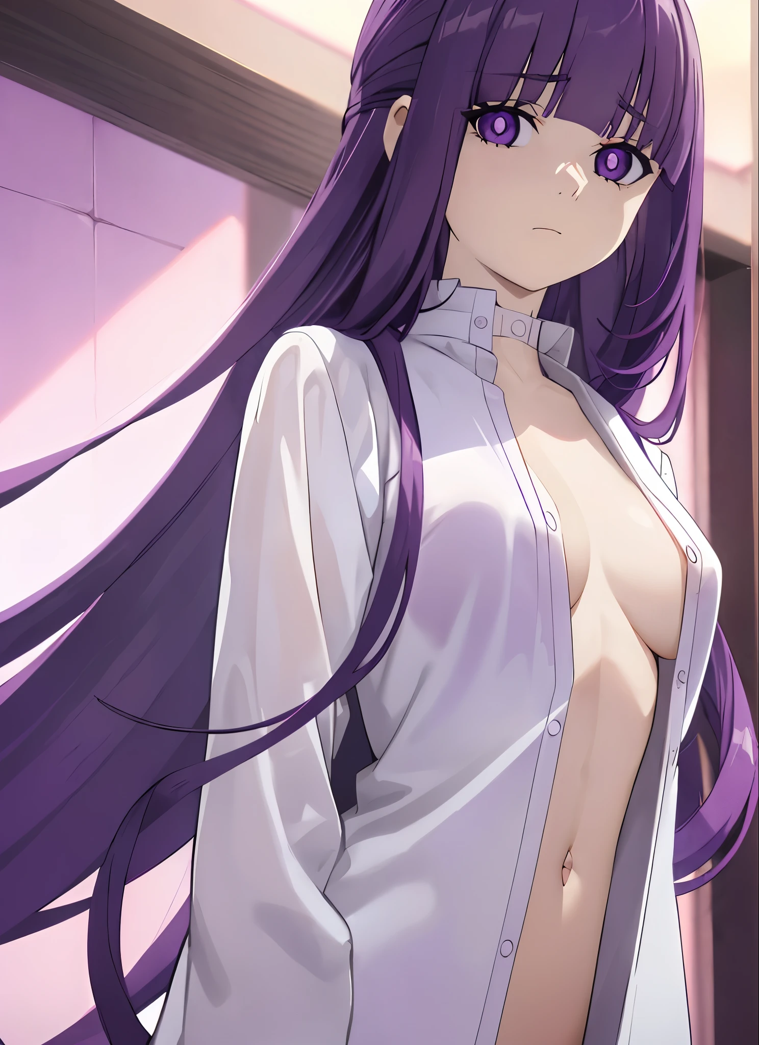 purple hair,purple eyes,long hair, looking at viewer, solo, upper body, naked shirt, white shirt, collared shirt, expressionless, closed mouth, breasts,
