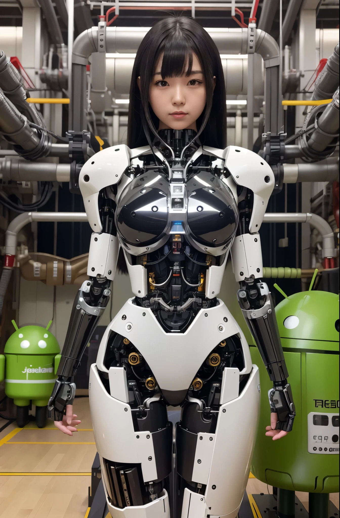 masterpiece, best quality, extremely detailed, Japaese android girl,Plump , control panels,android,Droid,Mechanical Hand, Robot arms and legs, Black hair,Blunt bangs,perfect robot girl,long tube,thick cable connected her neck,android,robot,humanoid,cyborg,japanese cyborg girl ,robot-assembly plant,She is assembling now,assembly scene