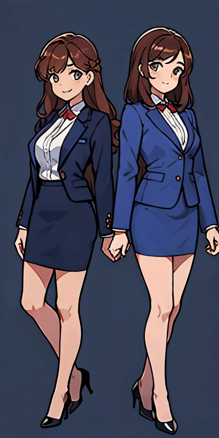 woman, brown hair, wavy hair, hazel eyes, very detailed, smile, dark blue blazer, white blouse, Dark blue knee-length pencil skirt, exposed legs, black high heels, full body shot, Same pose, matching outfit, same outfit, twin sisters