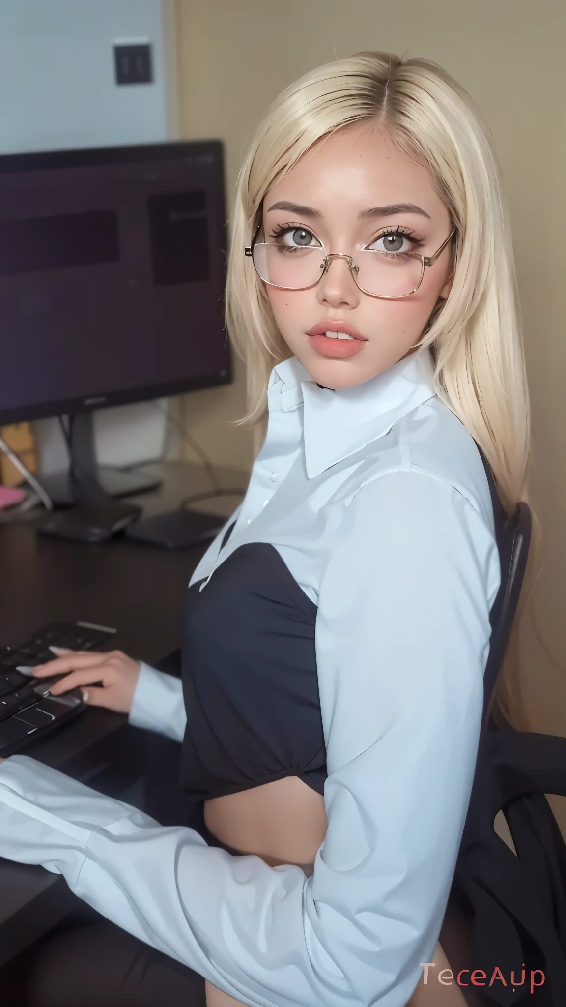 Mujer rubia con gafas sentada en un escritorio con una computadora, con gafas, hypercolegiala realista, a hypercolegiala realista, colegiala realista, nerd appearance, sat at his desk, retrato de nicole aniston, vestido como , nerd, con gafas on, gafas gruesas, cyber school girl, Kerli Koiv como chica anime, vasos grandes