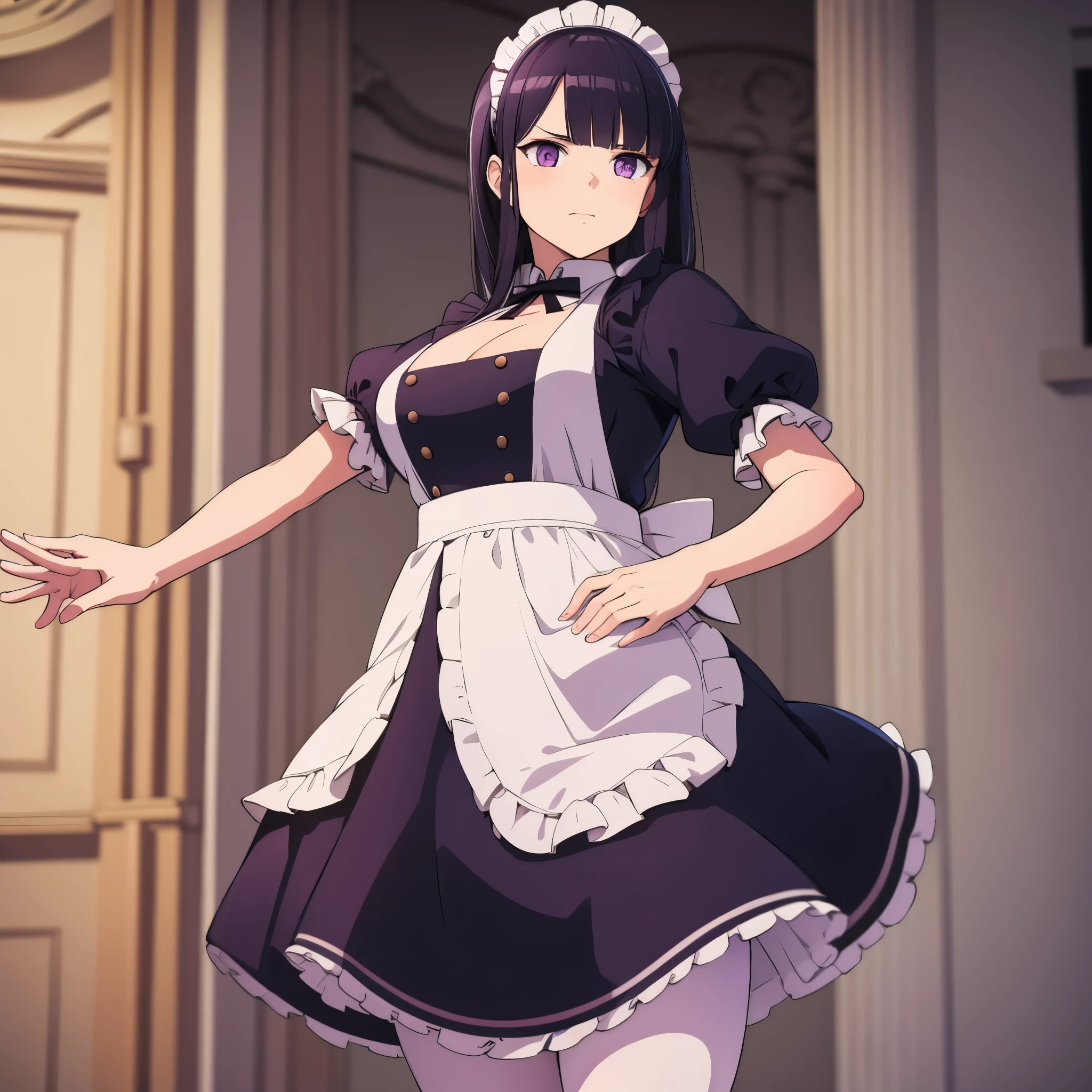 A woman wearing a maid outfit, purple eyes