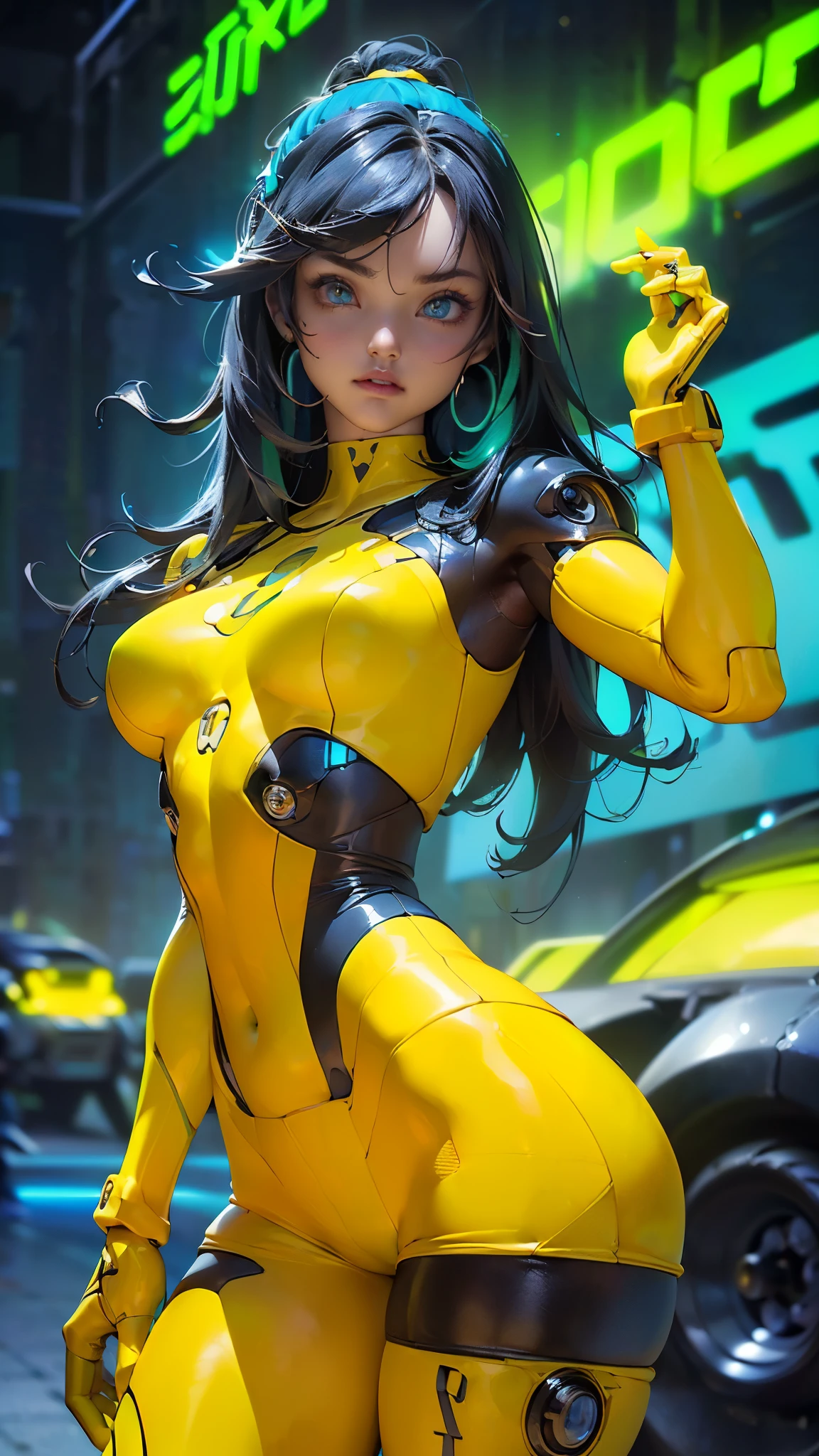 (the highest quality))、((Obra maestra)、ciberpunk、big glutes、arrodillarse、Electronic visor attached to the face of a 12-year-old girl with emphasis on the buttocks、Red latex body,Moda cyberpunk、pose sexy、(Usar polainas amarillas en la parte inferior del cuerpo、Agrandamiento de los senos、Neon lights in the dark city at night,Motor irreal:1.4,HD,La Mejor calidad:1.4, fotorrealista:1.4, textura de la piel:1.4, Obra maestra:1.8,Obra maestra, Mejor calidad,（Hermosos ojos azules ）,( cyborg yellow neon),(Perfect ???????),(convexo Dedos detallados),white cyborg latex bodysuit, (ciberpunk 2.1) ,*cabello largo azul:1.4), (miniskirt ciborg verde colegiala:1.4) 