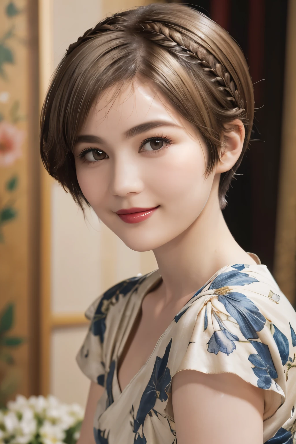 152
(20 year old woman,floral pattern dress), (Super realistic), (high resolution), ((beautiful hairstyle 46)), ((short hair:1.46)), (gentle smile), (brest:1.1), (lipstick)
