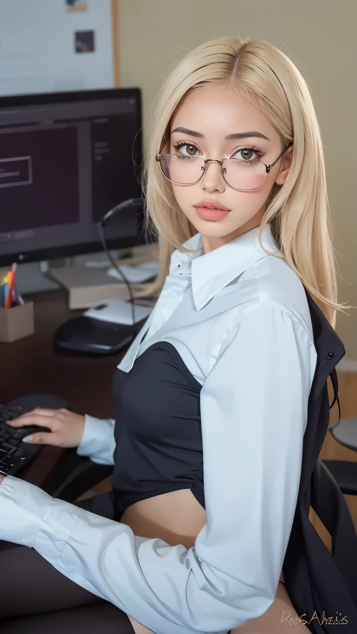 Mujer rubia con gafas sentada en un escritorio con una computadora, con gafas, hypercolegiala realista, a hypercolegiala realista, colegiala realista, nerd appearance, sat at his desk, retrato de nicole aniston, vestido como , nerd, con gafas on, gafas gruesas, cyber school girl, Kerli Koiv como chica anime, vasos grandes, cindy kimberly