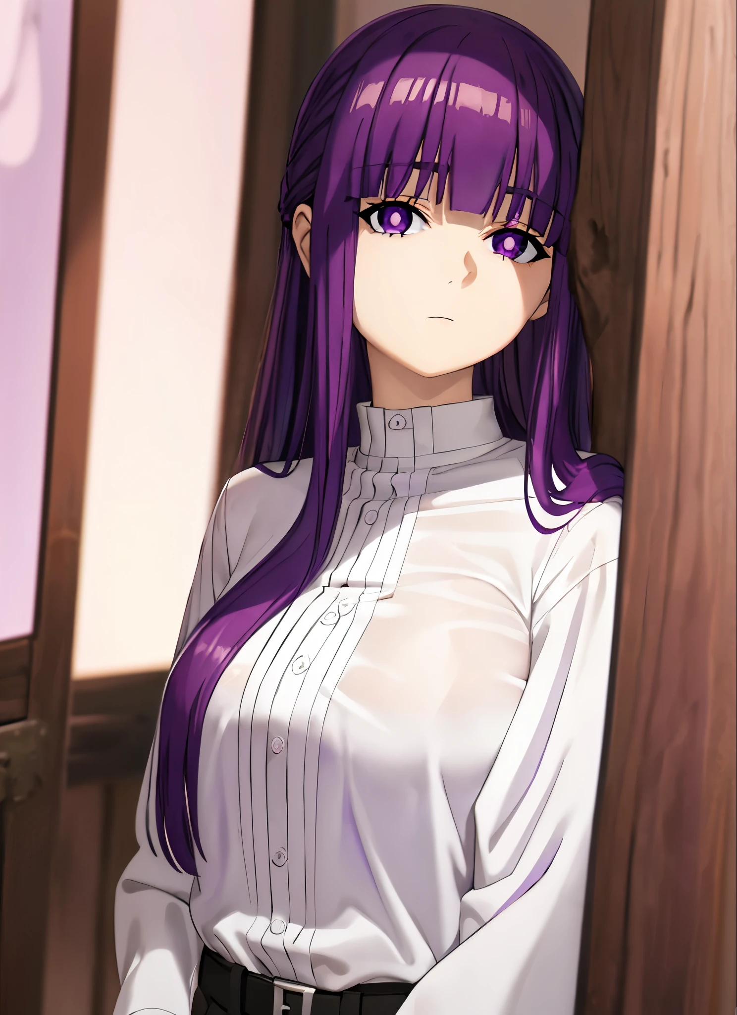 purple hair,purple eyes,long hair, looking at viewer, solo, upper body, naked shirt, white shirt, collared shirt, expressionless, closed mouth, breasts,