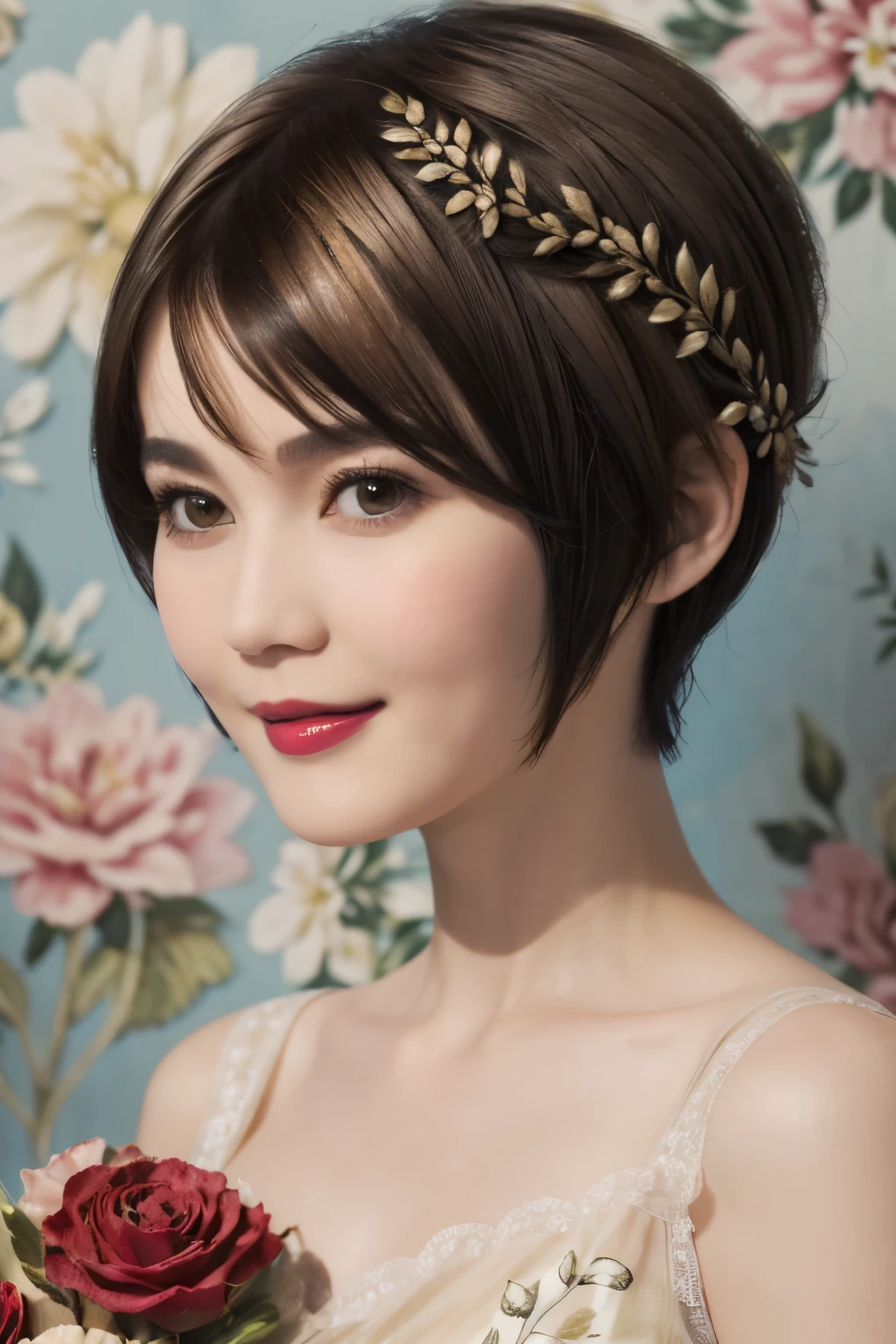 152
(20 year old woman,floral pattern dress), (Super realistic), (high resolution), ((beautiful hairstyle 46)), ((short hair:1.46)), (gentle smile), (brest:1.1), (lipstick)
