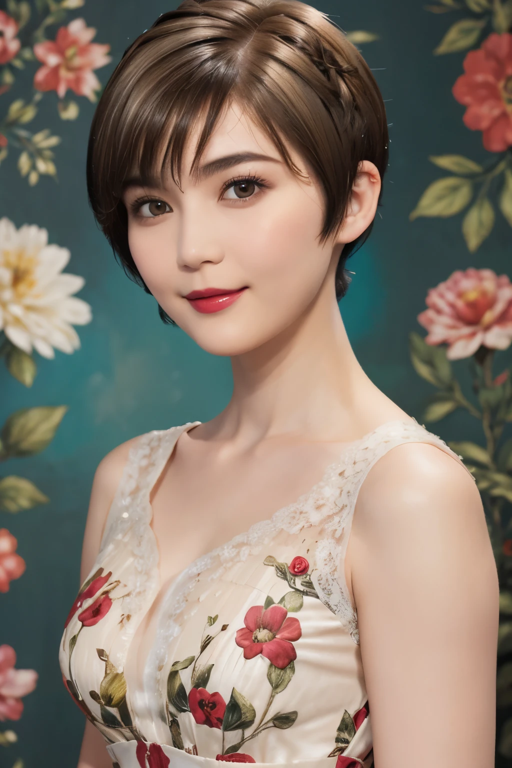 152
(20 year old woman,floral pattern dress), (Super realistic), (high resolution), ((beautiful hairstyle 46)), ((short hair:1.46)), (gentle smile), (brest:1.1), (lipstick)
