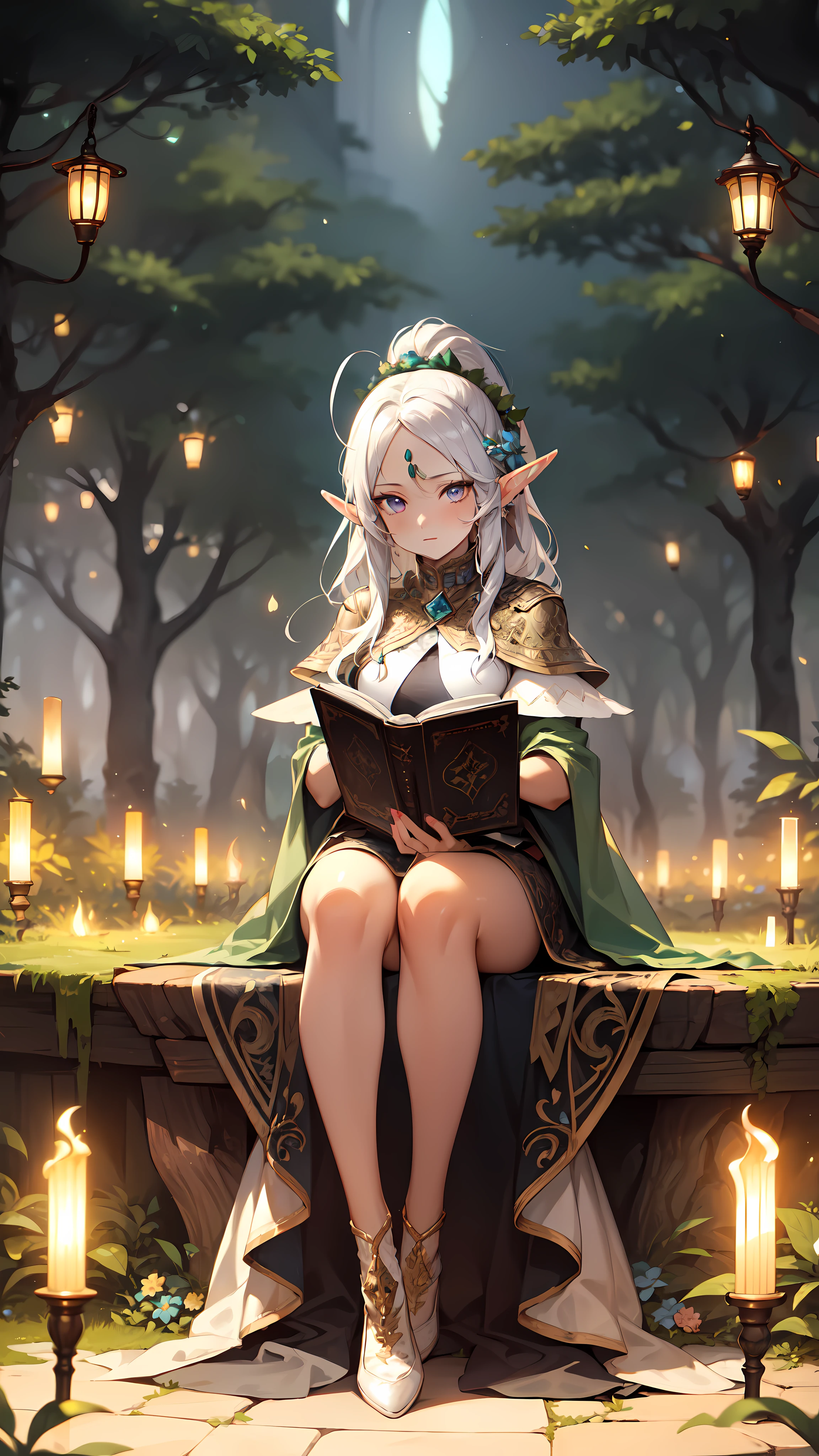 ((masterpiece)), (top quality), (best quality), ((ultra-detailed, 8k quality)), Cinematic lighting, soft semi-backlit light, (detailed line art), absurdres, (best composition), (high-resolution), Aesthetics,
BREAK,
A serene depiction of an elf leisurely sitting stump in a magical garden at twilight, The elf is engrossed in reading a leather-bound tome of elven poetry, while the fragrance of night-blooming flowers adds to the ethereal ambiance, adorned in intricate elven attire, Fantasy, (tranquil twilight:1.2), (magical garden setting:1.2), (firefly glow:1.25), (detailed elven features), [cinematic dramatic atmosphere], (mystical forest), (focused depth of field:1.2), (serene atmosphere:1.15)
BREAK,
highly detailed of ((elf:1.4)), (1girl), solo, perfect face, details eye, ahoge, ponytail, (white shining hair:1.2), (forehead), medium hair, [[floating hair]], violet eyes, shining eyes, (beautiful detailed eyelashes, eyeshadow, pink eyeshadow), Concept art by Mikimoto Haruhiko, by Kawacy, By Yoshitaka Amano,
BREAK, 
((perfect anatomy)), perfect body, Abs, (medium breast), perfect hands, perfect face, beautiful face, beautiful eyes, perfect eyes, (perfect fingers, deatailed fingers), correct anatomy, perfect legs, 