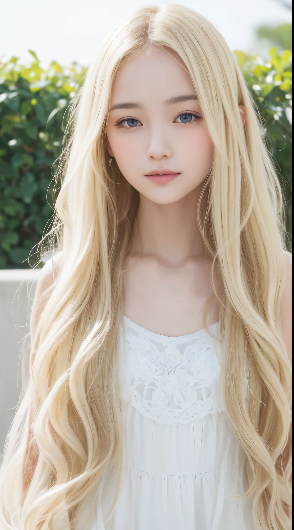 ((((blonde、long curly hair、Ivory-colored hairの毛))))、Smile、Raw photography、(((Ultimate Beauty Portrait)))、((glistning skin))、girl1人、beautiful girl in Prague、close-up of upper body、baby face、1girl in, age19, Solo, Long hair、white background、beautiful girl、west、half face、well-groomed face、beautiful girl、anime face、girl,see through dress,long ivory hair,Ivory-colored hair、Ivory-colored hairの毛,glossy pink lips,white skin,,blue sky,sunlight shining down on her,,There's a faint smile on her face,detailed and vivid,high resolution images,photorealistic rendering,Bright colors,soft and warm lighting, simple background、white background