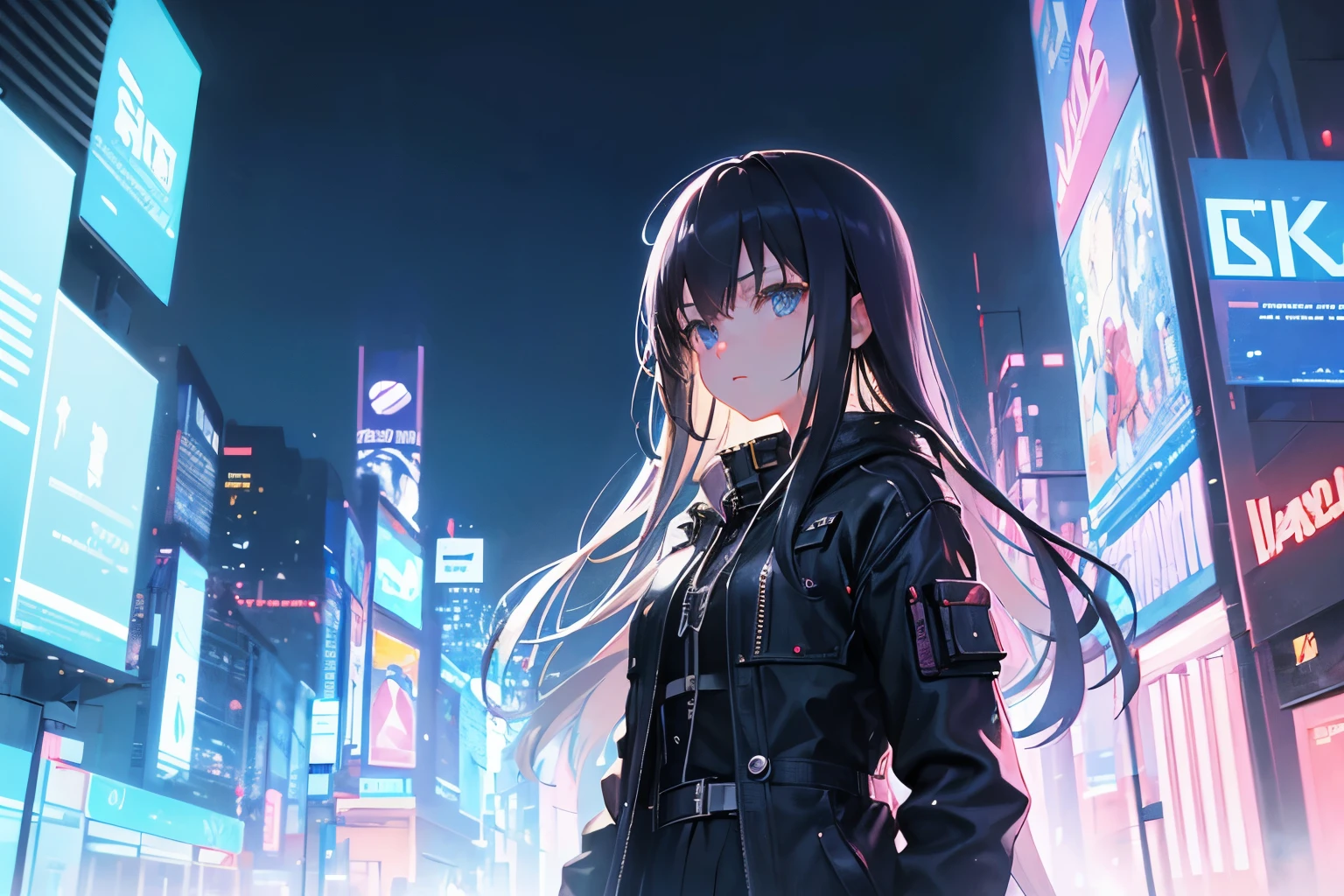 Create exquisite illustrations reminiscent of Makoto Shinkai's style, It has ultra-fine details and top-notch quality. Generate a high-quality illustration of a beautiful girl gazing up at the sky in a cyberpunk world. Ensure the output is nostalgic, fantastical, and intricate, with meticulous attention to detail. Picture the girl standing amidst the neon-lit streets of a futuristic cityscape, her expression reflecting a sense of wonder and longing as she gazes at the ethereal beauty above. Depict the sky filled with swirling clouds illuminated by the glow of neon lights and holographic projections, creating a mesmerizing backdrop for the scene. Pay close attention to the fine details of the girl's attire and surroundings, incorporating elements of both nostalgia and futurism to evoke a sense of timelessness. Aim for a composition that captures the blend of old-world charm and futuristic technology, transporting the viewer into a dreamlike realm where the past and future converge.  best quality, masterpiece