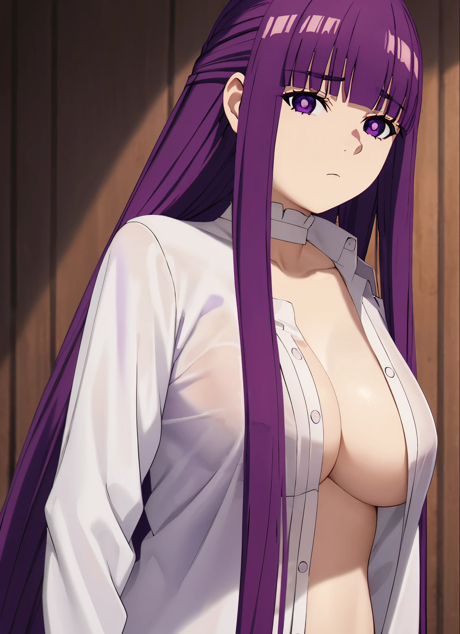 purple hair,purple eyes,long hair, looking at viewer, solo, upper body, naked shirt, white shirt, collared shirt, expressionless, closed mouth, breasts,
