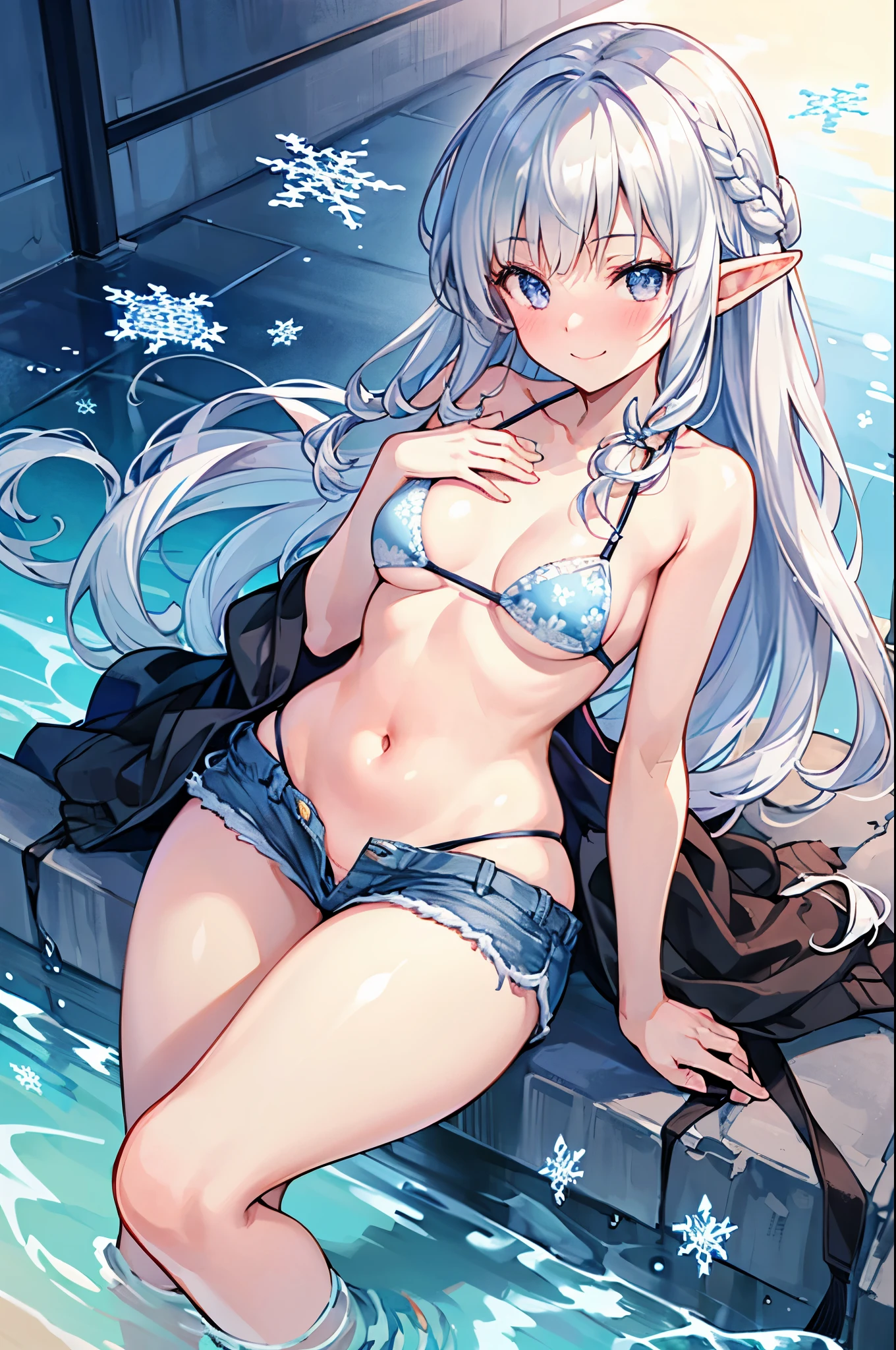 realistic image, coherent image, detailed image, 1 beautiful elf, She has silver hair with black tips, long hair, with braids, silver eyes, her face is oval and delicate, Blushing, smiling, She is wearing a bikini with denim mini shorts, She has a curvy body, small breasts, thick thighs, view of the thighs, with legs together, snowflakes,