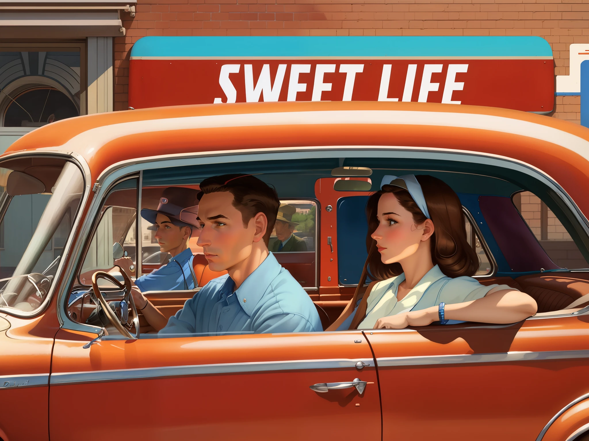 they are sitting in the car, by David Ligare, street life, by Stevan Dohanos, david ligare masterpiece, inspired by Art Frahm, 1950s illustration style, kenton nelson, by Bob Ringwood, by Art Frahm, by Tom Lovell, by F. Scott Hess, by Kadir Nelson