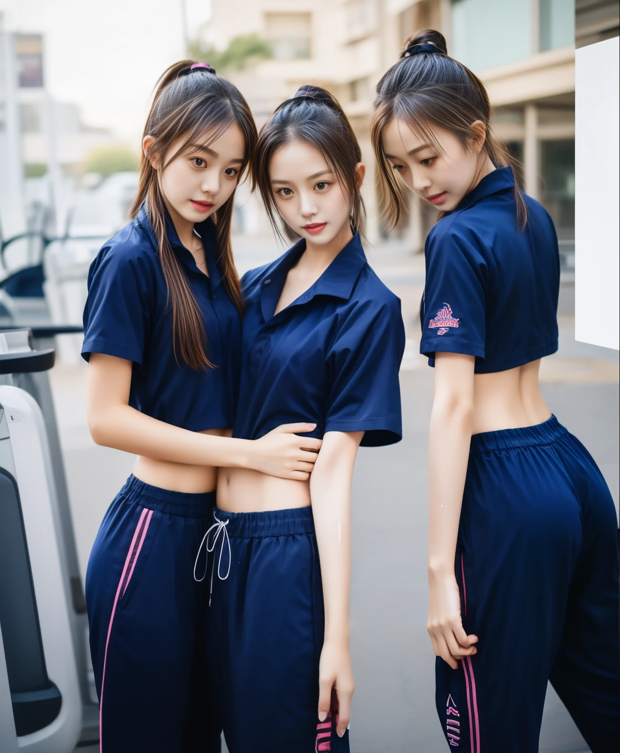 3 girls in fitness center, Navy blue short-sleeved shirt,Navy Long Trackpant,Sweatpants, Sweatpantsขายาว,25 year old girl, lesbian, sexy, exercise clothes, wet body, exercise clothes