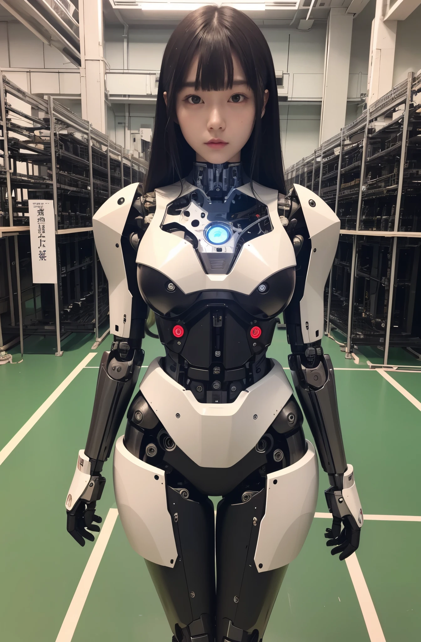 masterpiece, best quality, extremely detailed, Japaese android girl,Plump , control panels,android,Droid,Mechanical Hand, Robot arms and legs, Black hair,Blunt bangs,perfect robot girl,long tube,thick cable connected her neck,android,robot,humanoid,cyborg,japanese cyborg girl ,robot-assembly plant,She is assembling now,assembly scene