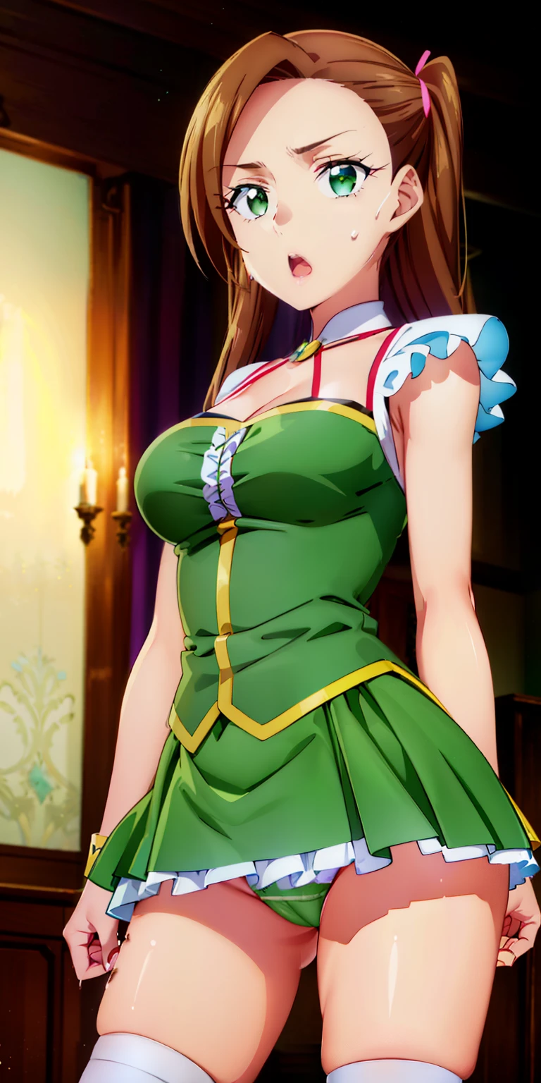 (((highest quality))), ((super detailed)),katalina、Light blue blouse、super mini skirt、waist skirt、 ((illustrinion)), ((messy hair)), ((frills)), super mini skirt、beautiful woman、leather、luster、sleeve less、Thin dress、立膝in座ってます、beautiful breasts、Sleeveless dress、しゃがんinる、spread legs、show whitepanties,Beautiful camel toe、(1 girl),(一人in),brown hair,cowboy_shot,crossed_arm,looking for_in_viewer,Open_mouth,simple_background,Are standing,rining:Safety,agriculture_clothing,green_Clothes,green_eye,((highest quality))), ((super detailed)), ((illustrinion)), ((messy hair)), ((frills)), (1 girl),(一人in),,cowboy_shot,crossed_arm,looking for_in_viewer,Open_mouth,simple_background,Are standing,rining:Safety,agriculture_clothing,green_Clothes,green_eye,