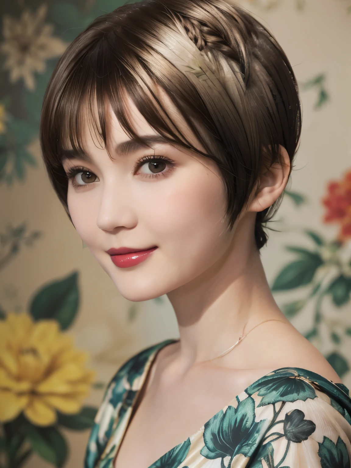 152
(20 year old woman,floral pattern dress), (Super realistic), (high resolution), ((beautiful hairstyle 46)), ((short hair:1.46)), (gentle smile), (brest:1.1), (lipstick)
