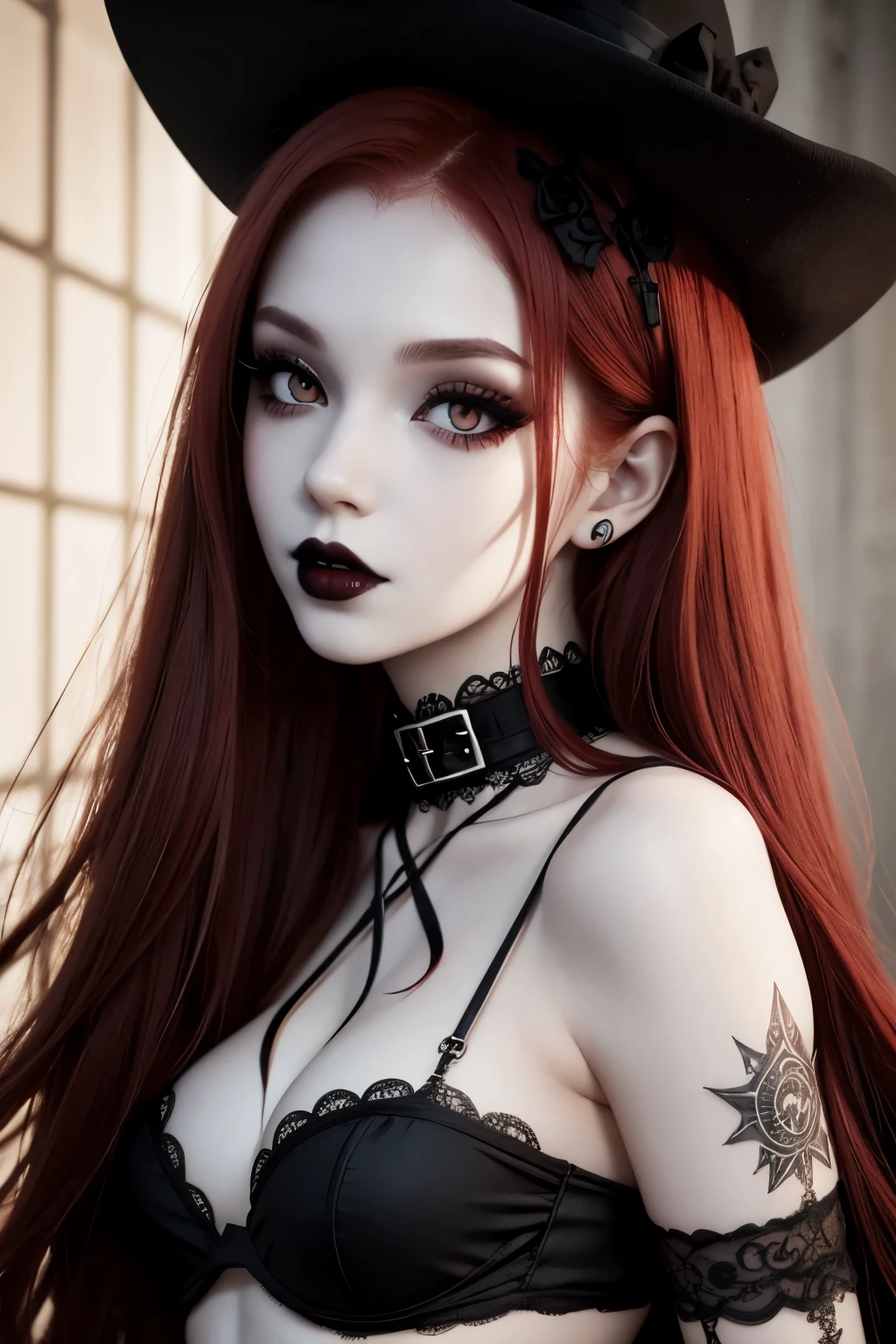 sfw, close-up, cute, gothic girl, long red hair, eyeliner, white pale skin, black lipstick, small breasts