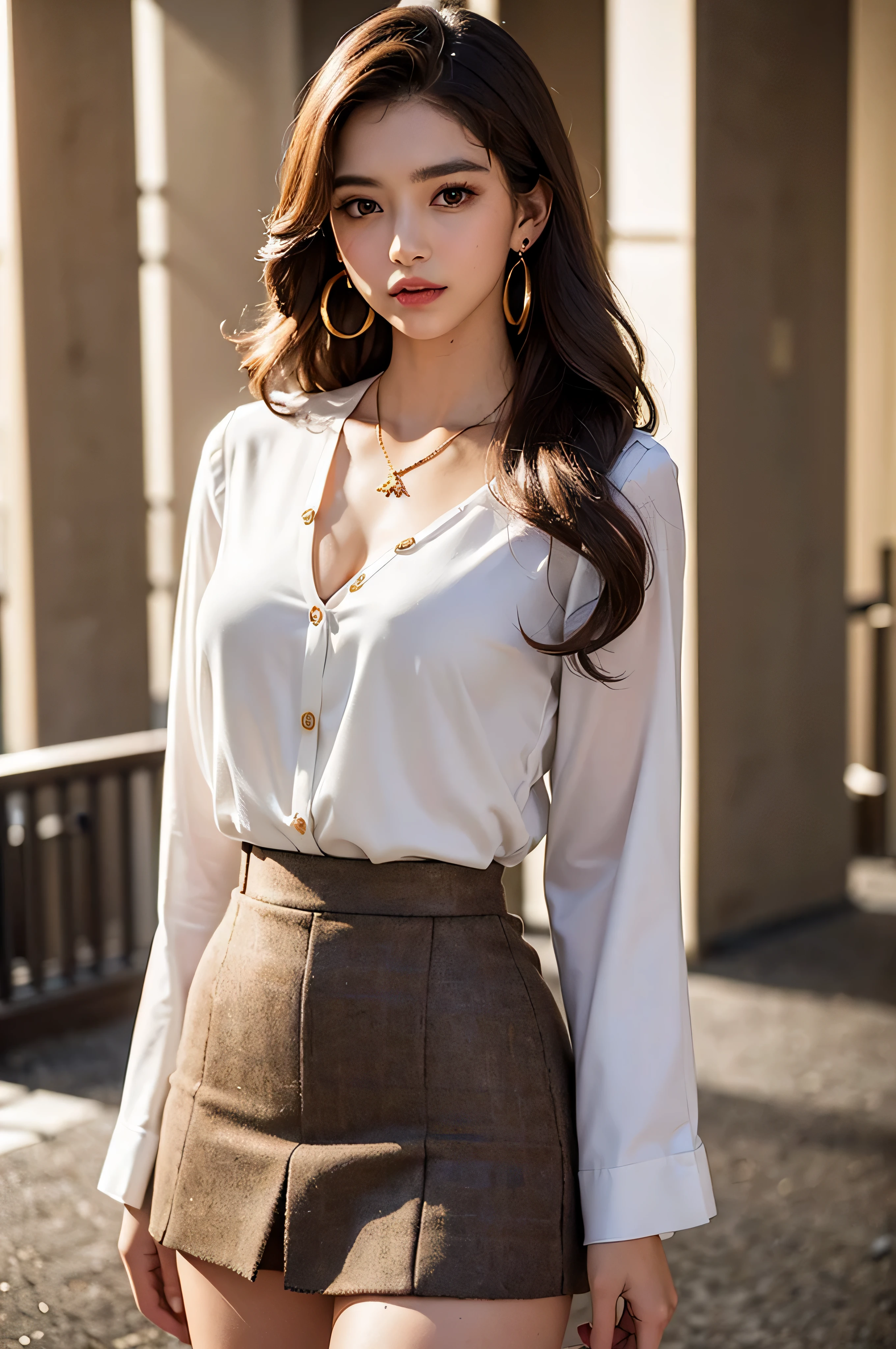 Hire、sunlight、Backlight、((cinematic light、ray tracing))、(masterpiece)、((Super fine))、(High-definition CG illustration)、(最high resolution:1.2)、(1girl:1.2)、high resolution、intricate details、Fine texture、high resolutionシャドウ、realistic expression of face、A delicate face with beautiful details、Delicate eyes with beautiful details、brown pupils、perfectly proportioned face、Depth of bounds written、far and near method、20th generation、glossy lips、 perfect body、medium breasted、distinct_image、solo focus、(Beautiful eyes and detailed face with fine details)、light source contrast、21 years old、Tokyo cityscape、night、Are standing、((Super long brown hair:1.2))、((Hair with loose waves inside:1.2)),((white long sleeve ribbon blouse_brown tweed miniskirt:1.3)),((gold necklace_Large earrings:1.2)),
