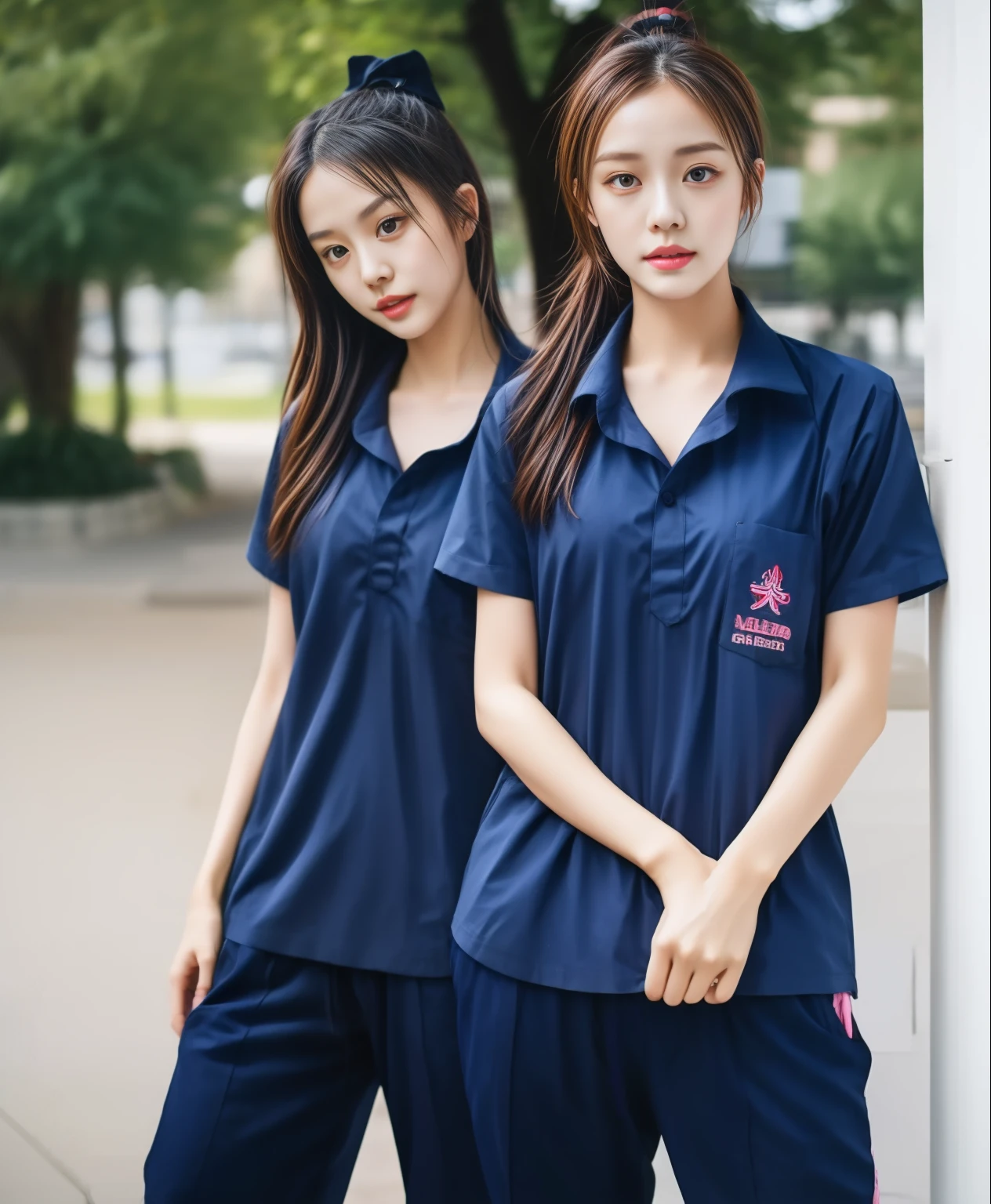 3 girls in fitness center, Navy blue short-sleeved shirt,Navy Long Trackpant,Sweatpants, Sweatpantsขายาว,25 year old girl, lesbian, sexy, exercise clothes, wet body, exercise clothes