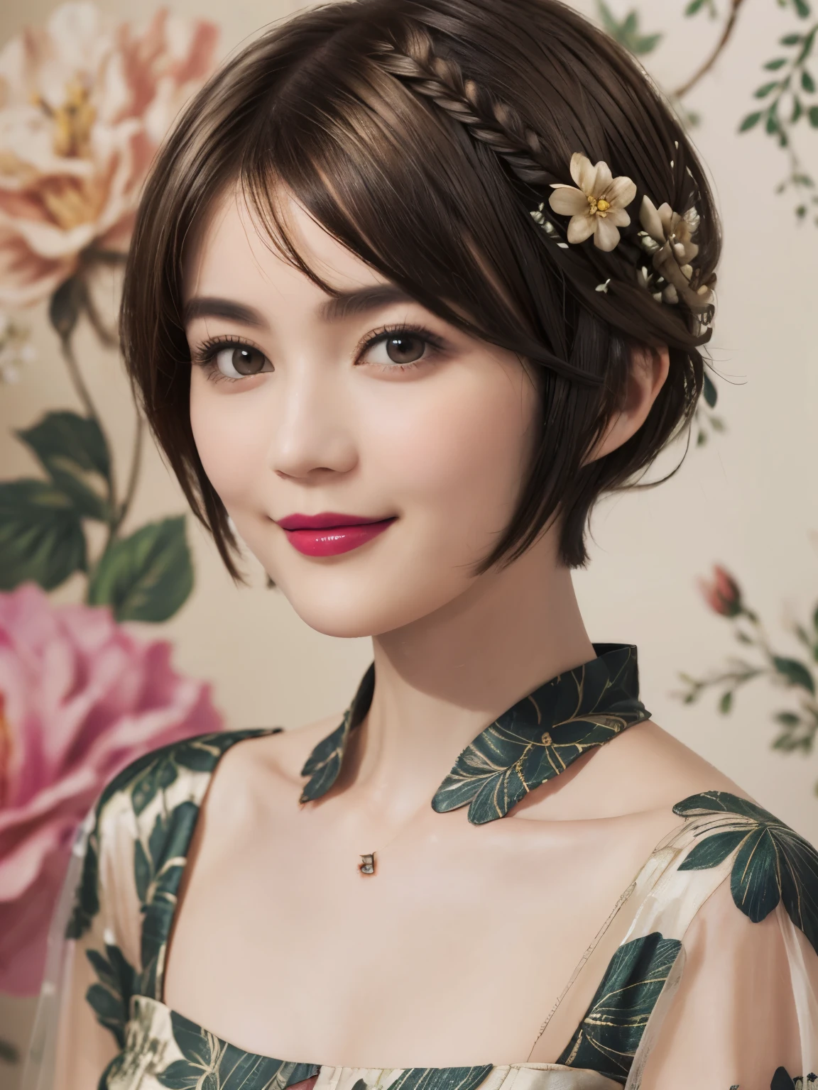 152
(20 year old woman,floral pattern dress), (Super realistic), (high resolution), ((beautiful hairstyle 46)), ((short hair:1.46)), (gentle smile), (brest:1.1), (lipstick)
