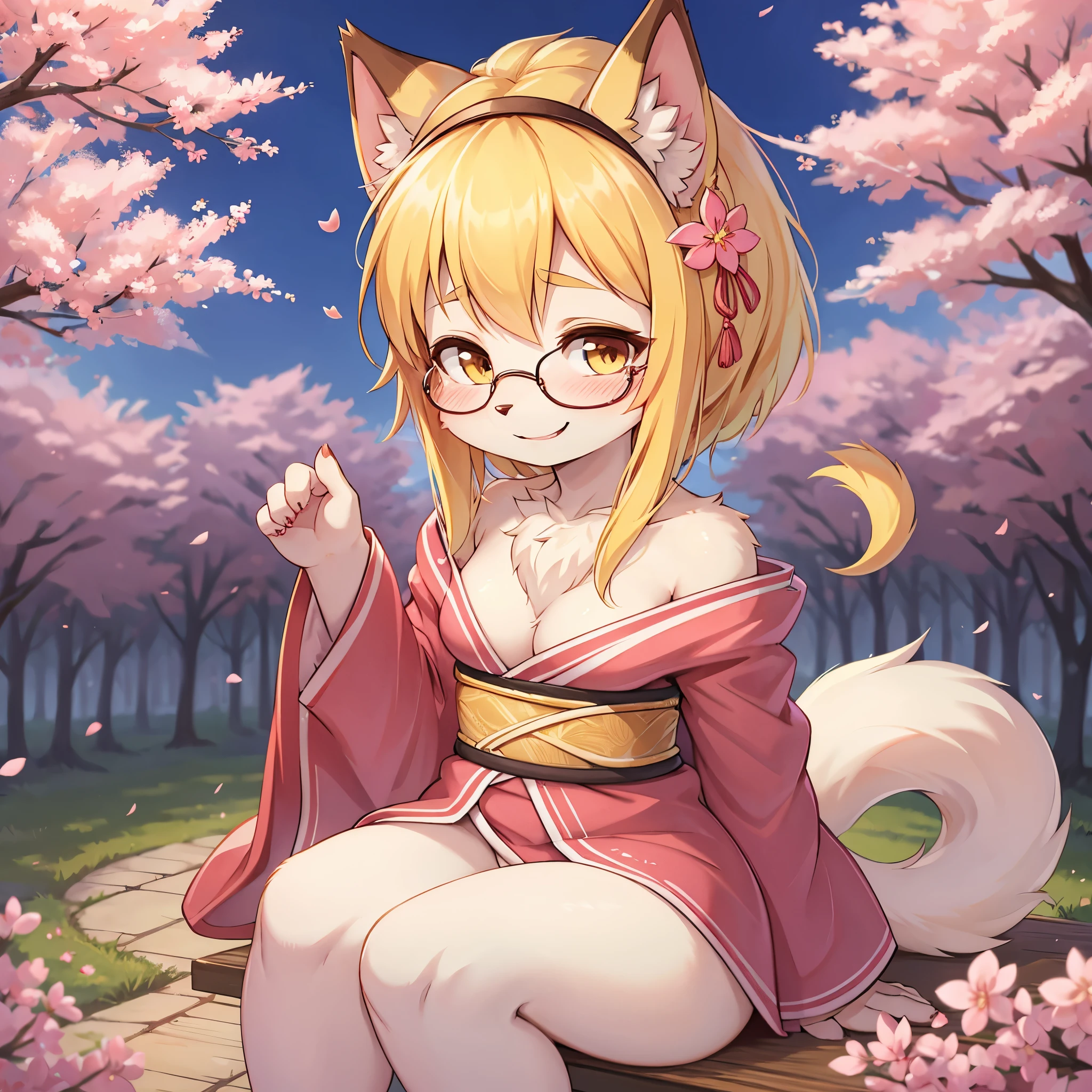 cat girl,hair ornament,glasses,yellow hair,smile,blush,happy,looking at viewer,pink kimono,neck fur,sakura garden background,sakuri petal in the air,in the middle of crowd