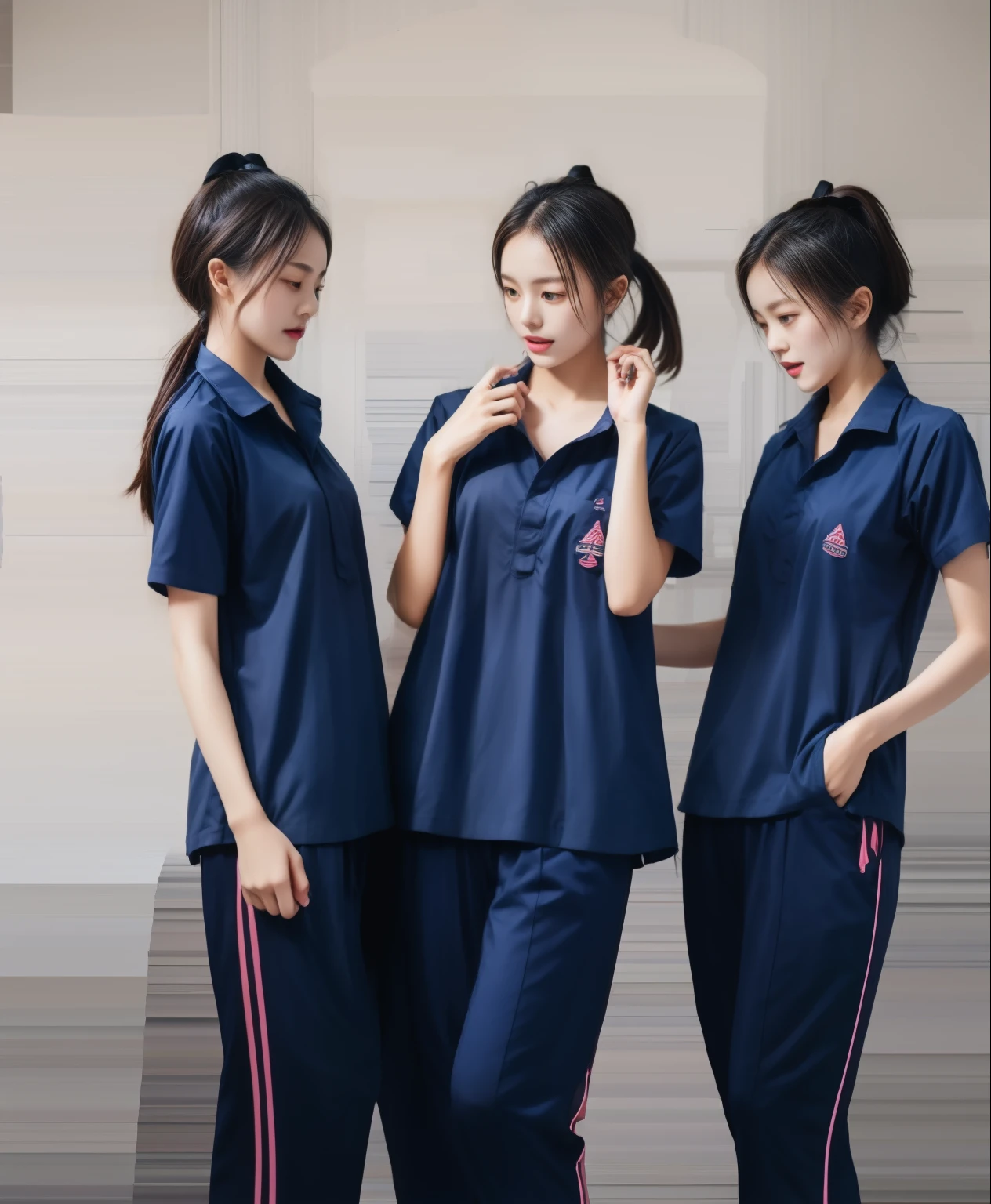 3 girls in fitness center, Navy blue short-sleeved shirt,Navy Long Trackpant,Sweatpants, Sweatpantsขายาว,25 year old girl, lesbian, sexy, exercise clothes, wet body, exercise clothes