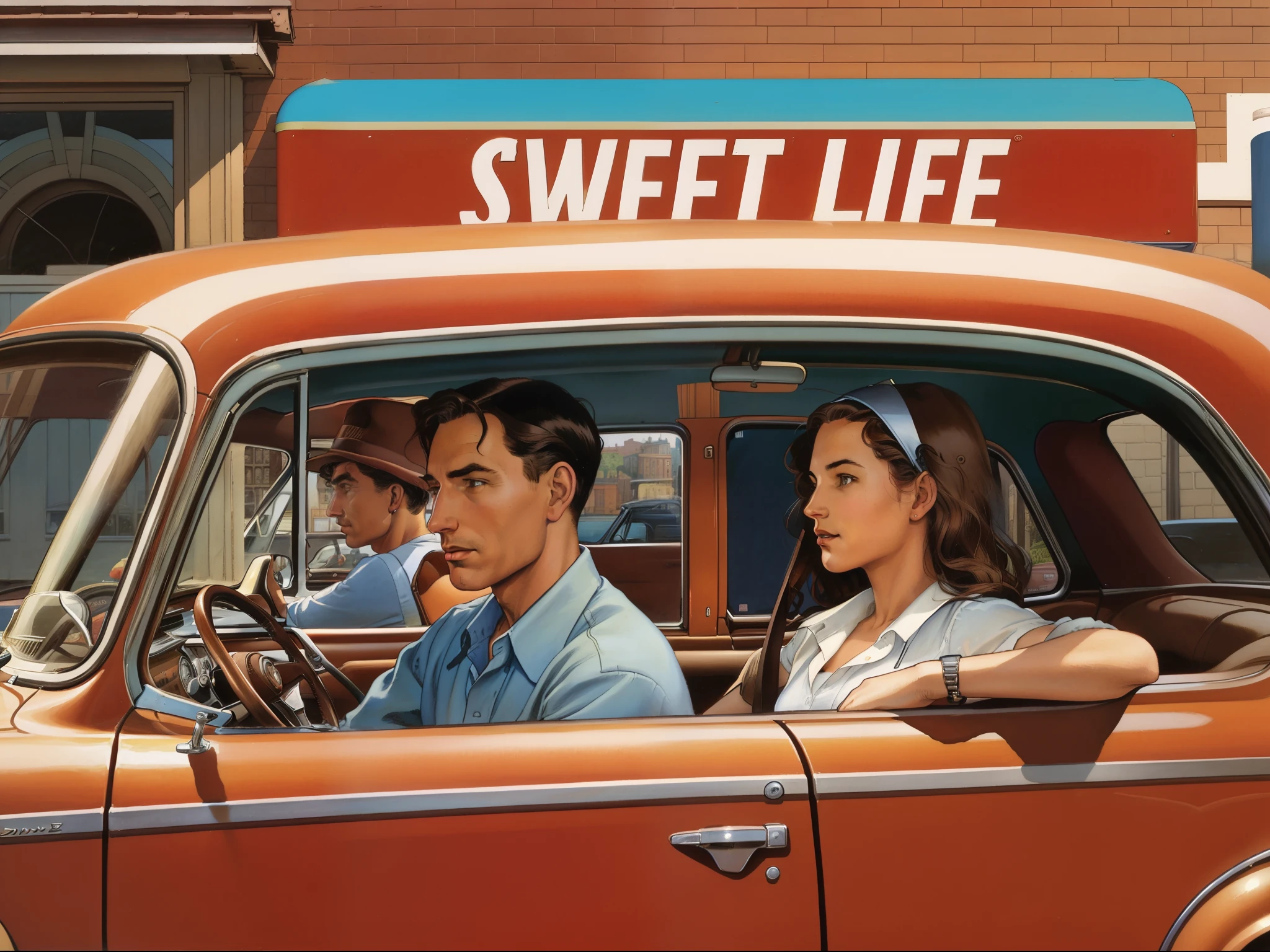 they are sitting in the car, by David Ligare, street life, by Stevan Dohanos, david ligare masterpiece, inspired by Art Frahm, 1950s illustration style, kenton nelson, by Bob Ringwood, by Art Frahm, by Tom Lovell, by F. Scott Hess, by Kadir Nelson