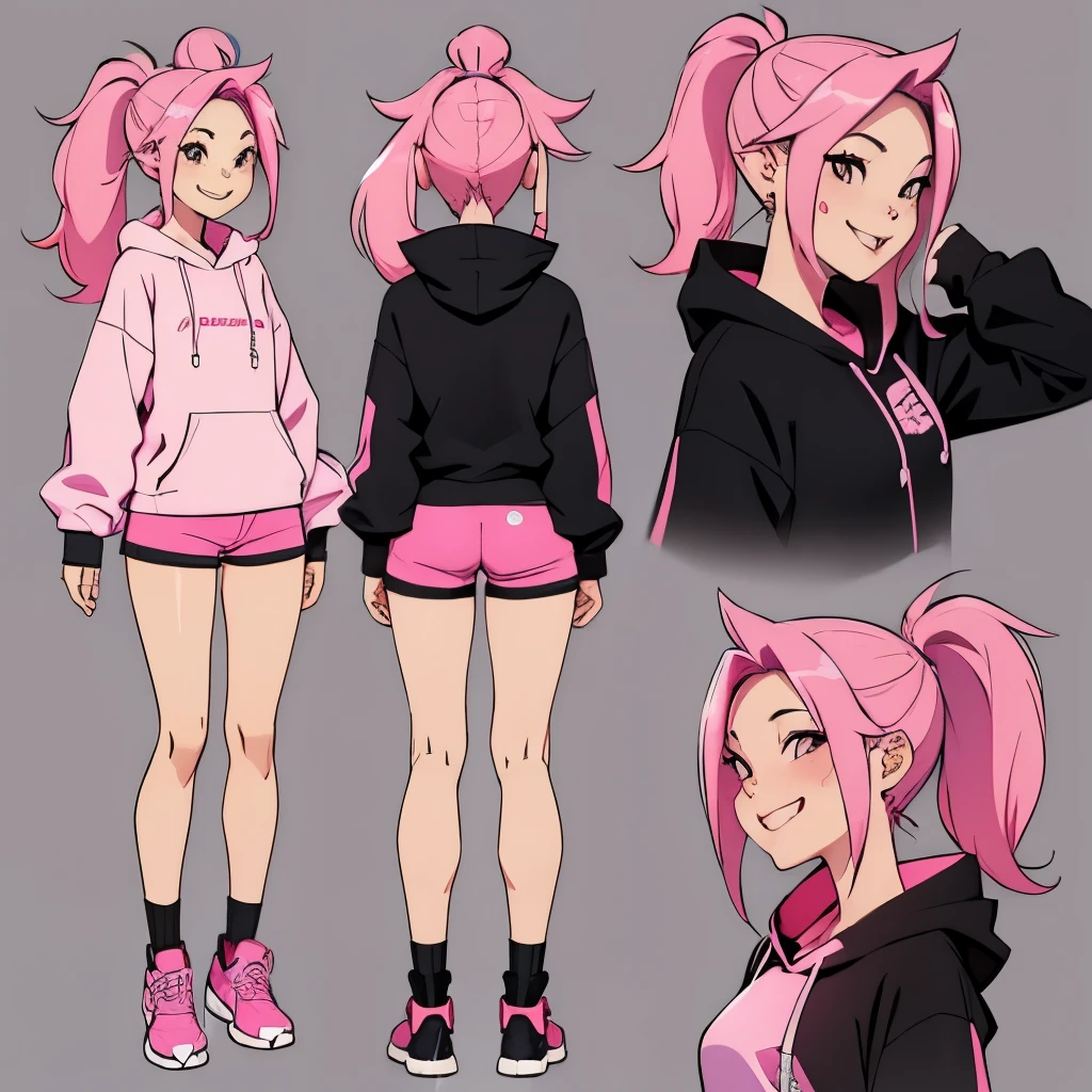 Character sheet, a pink haired korean decent girl , colored hot pink hair in a pony tail floofy, black hoodie,shorts, smiling (tongue out)