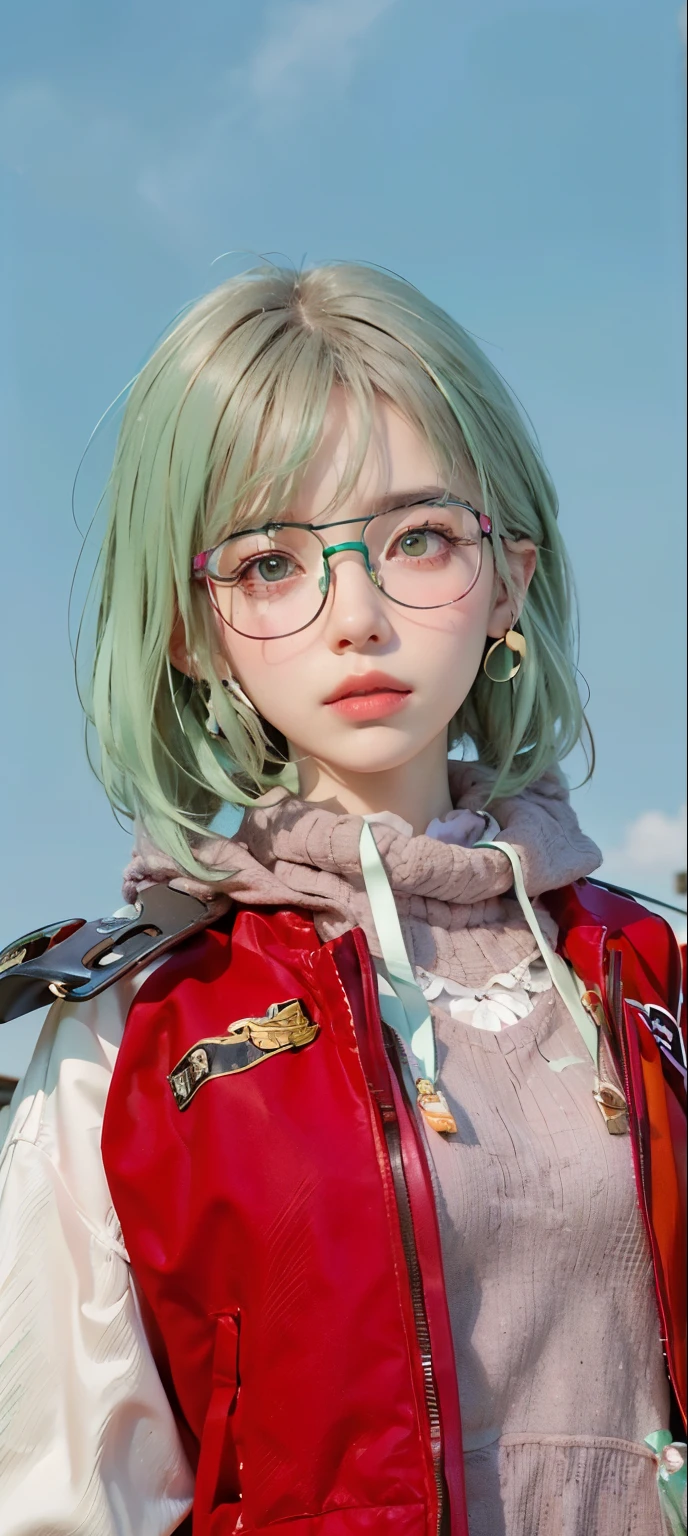 (巨作),estilo dos desenhos animados,ultra high-detail,Dressed in an elaborate school uniform,(Short ear-length hair:1.2),Large pale gray eyes,(Brown hair color+Pale pink rimmed glasses+Light green card issue:1.4),Detailed depiction snap detail,The camera tilts slightly behind the character,Light dusk,Candy tones,Circular garland detail on top of figure,Look up into the distance,Campus buildings depicted in detail behind it。