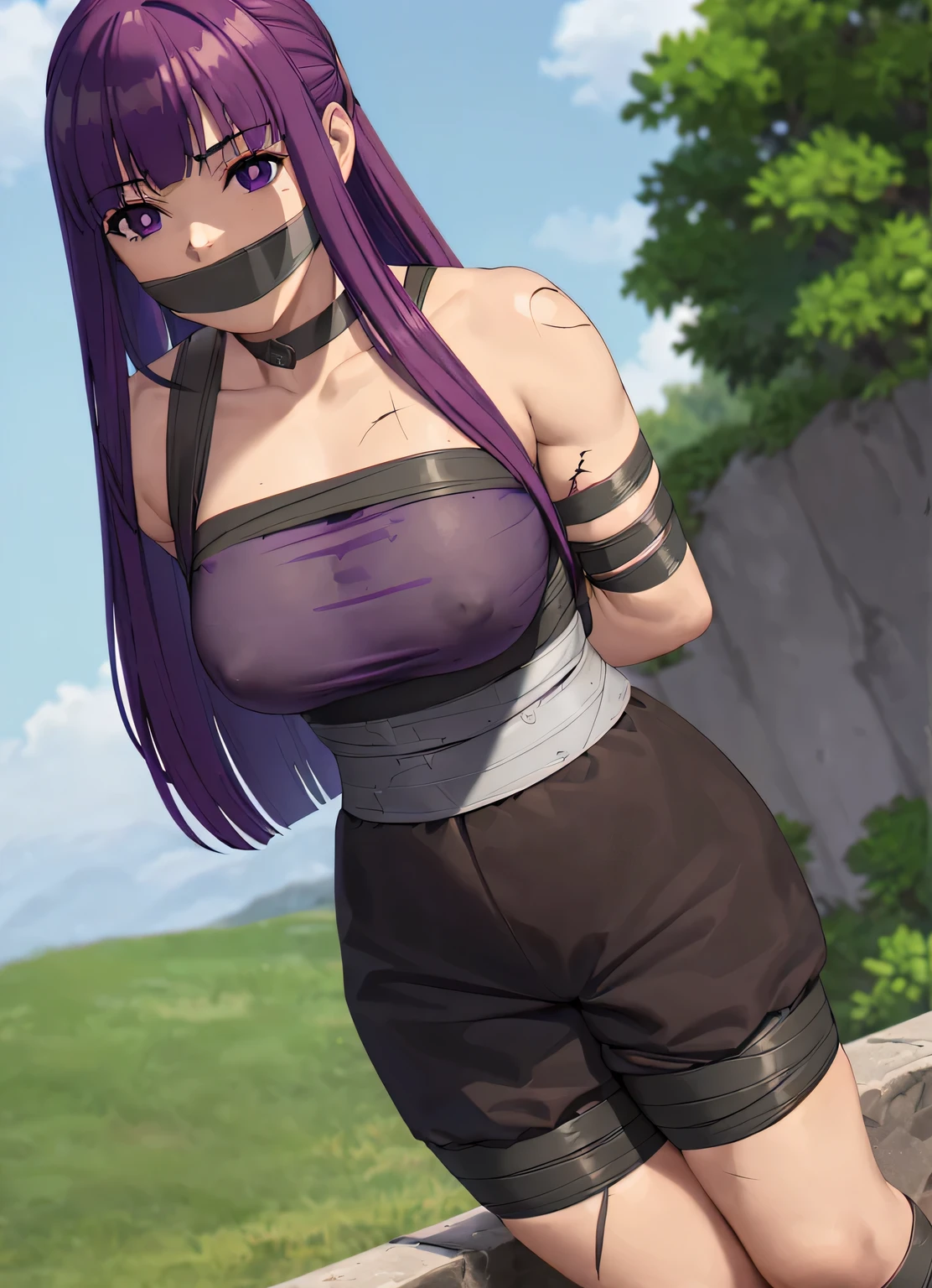 purple hair,purple eyes,(absurdres, 8k, 4k, masterpiece, hyper extreme detailed:1.2), solo, 1girl, front view, perfect face, 1girl, portrait, expressive eyes, looking at viewer, solo, standing, Female, toned body, mature female, large breasts, pale, , long hair, swept bangs, athletic body, stoic, windy hair, moving hair, moving clothes, Shorts, black shirt, , Military, battle worn, scars, messy hair, smile, happy, heroic, perfect anatomy, friendly, heroism, blue sky, sun, clouds, muscular, half body, bound, bondage, (arms behind back:1.4), (bdsm, tape gag, tape, tape bondage, restrained, best anatomy, tape wrapped, wrap gag, tightly bound, tape wrapped around face, tape above breasts, tape below breasts, sitting down, tape gag, long hair, tape between breasts, taped forearms, taped elbows, taped abdomen, taped nose, taped between arms, black t-shirt, sleeveless)
