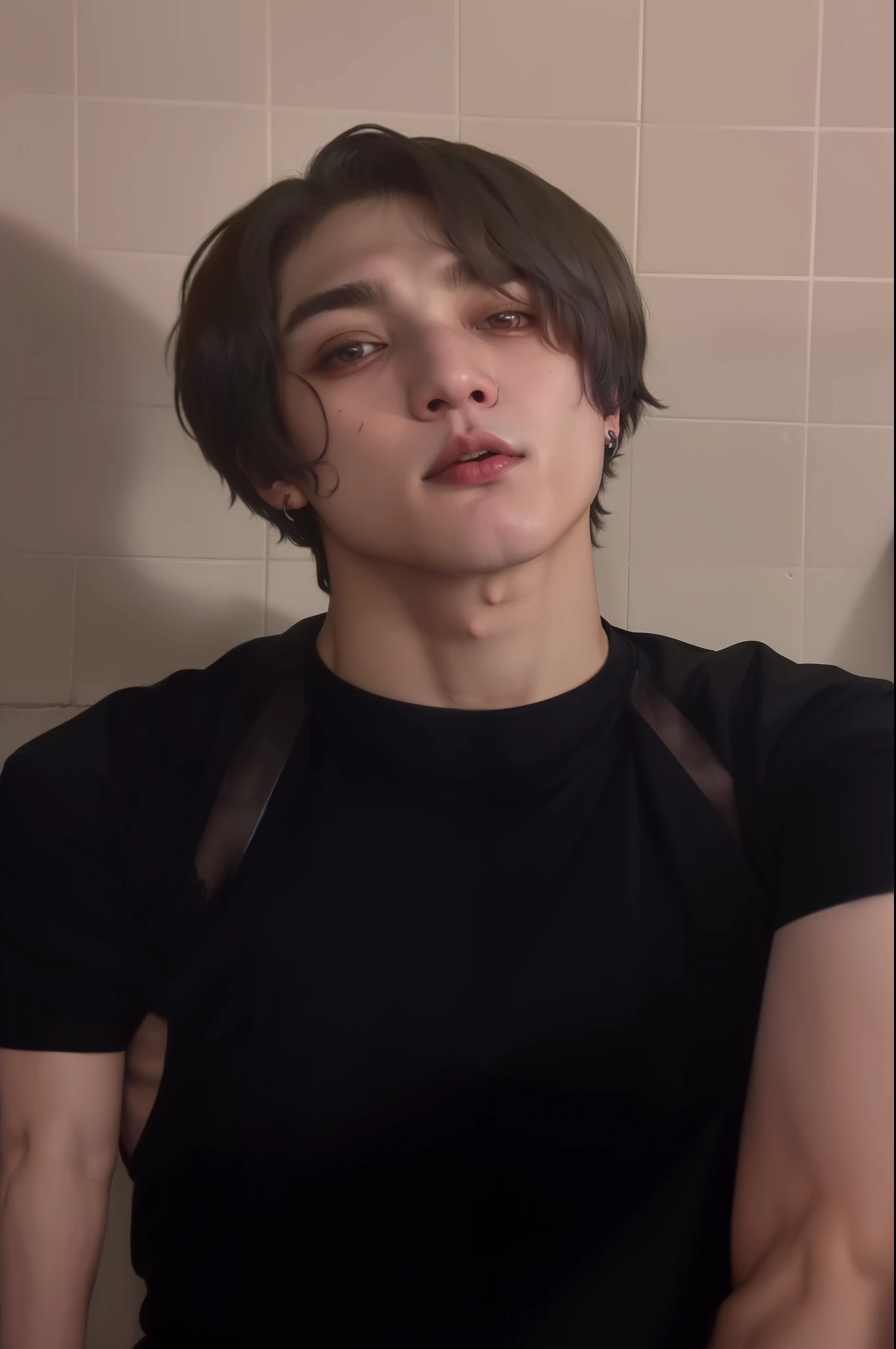 tem um homem parado no banheiro com uma camisa preta, xqc, como personagem de anime, taehyung mixed with dante, inspirado em BTS, com corte bob, 1 de 7 anos, rosto magro, TAEHYUNG's critical role Tae hyung, androgynous person, taehyung