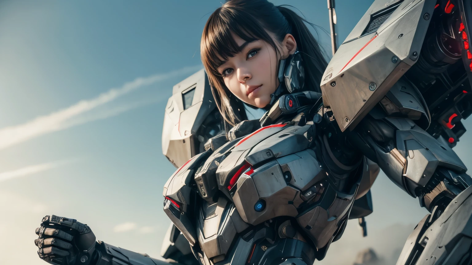 Best quality,Rich in details,girl,White shawl hair,Pink Mecha,Half-length photo,The head is intact,Damaged的城市背景,Damaged,Plenty of sunlight,Tune,flame,Scratches,Highlight the subject