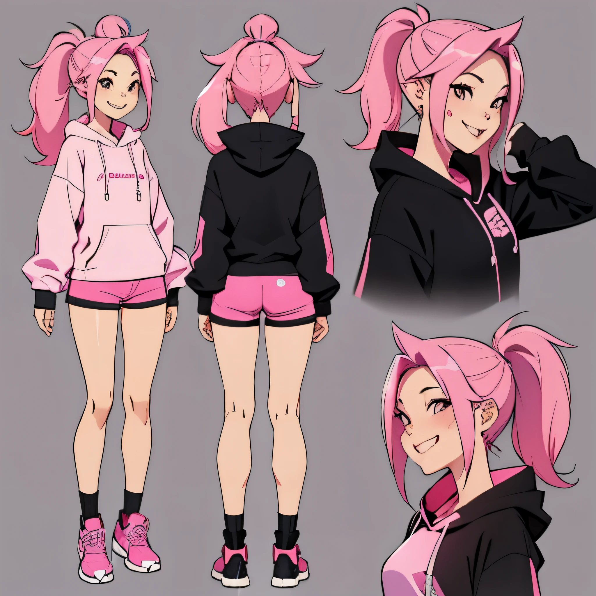 Character sheet, a pink haired korean decent girl 14 years old, colored hot pink hair in a pony tail floofy, black hoodie,shorts, smiling (tongue out)