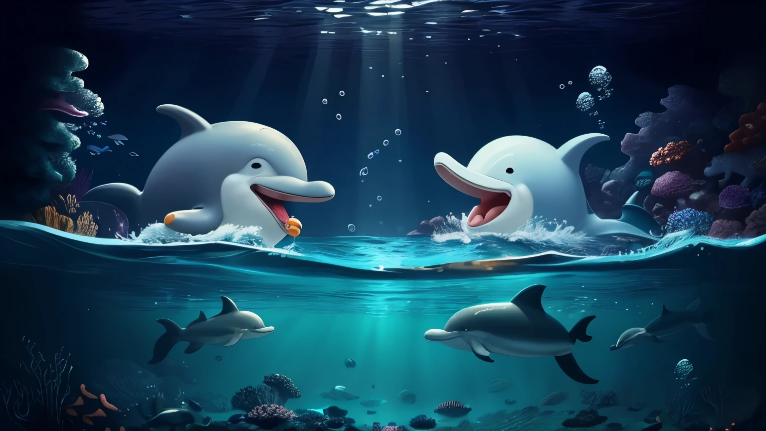 "Craft a lighthearted cartoon scenario inspired by the image of a dolphin engaged in conversation with a delighted oyster in the depths of the ocean. Bring out the humor and playfulness of the underwater scene, and consider incorporating witty dialogue or comical expressions to enhance the cartoonish charm." NSFW