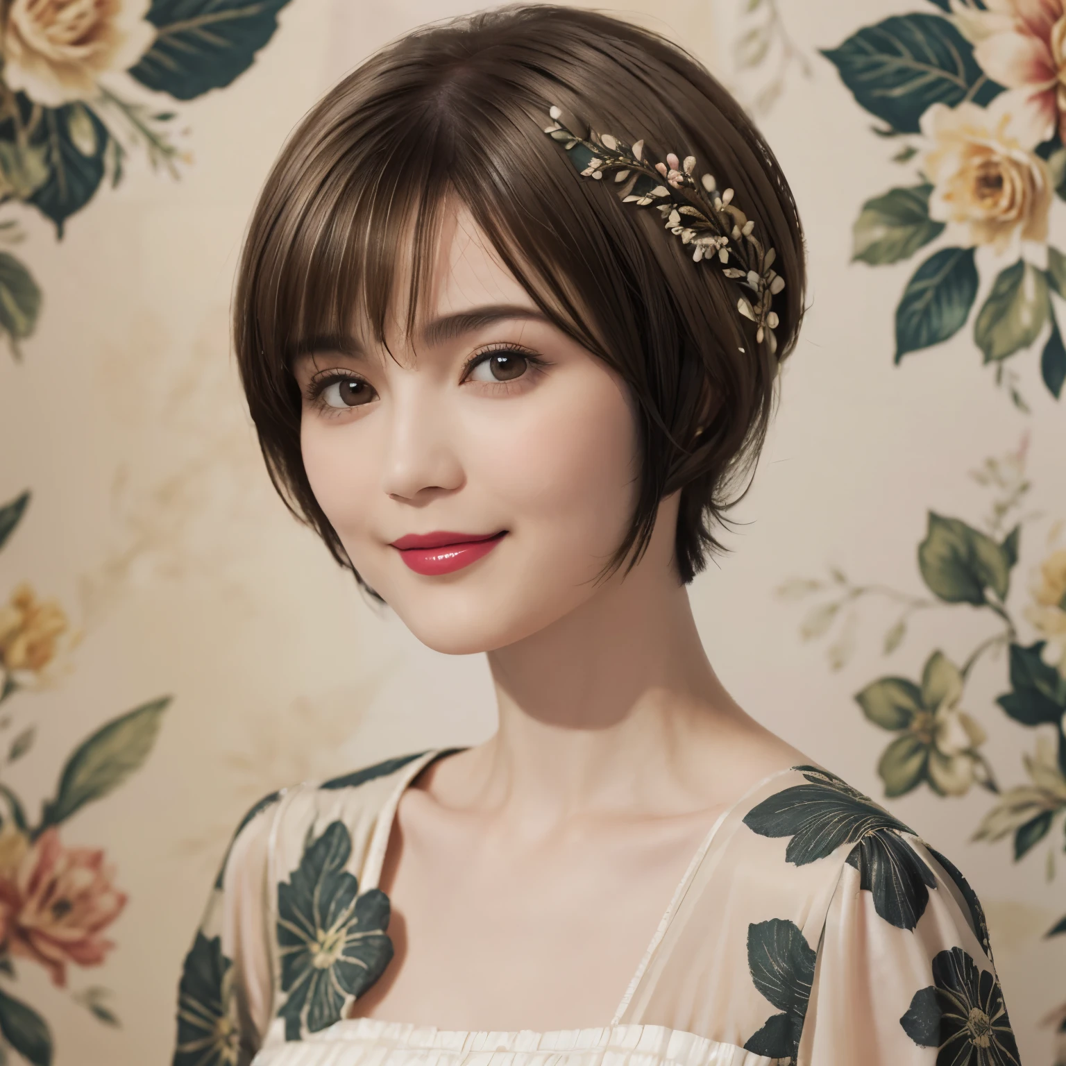 152
(20 year old woman,floral pattern dress), (Super realistic), (high resolution), ((beautiful hairstyle 46)), ((short hair:1.46)), (gentle smile), (brest:1.1), (lipstick)
