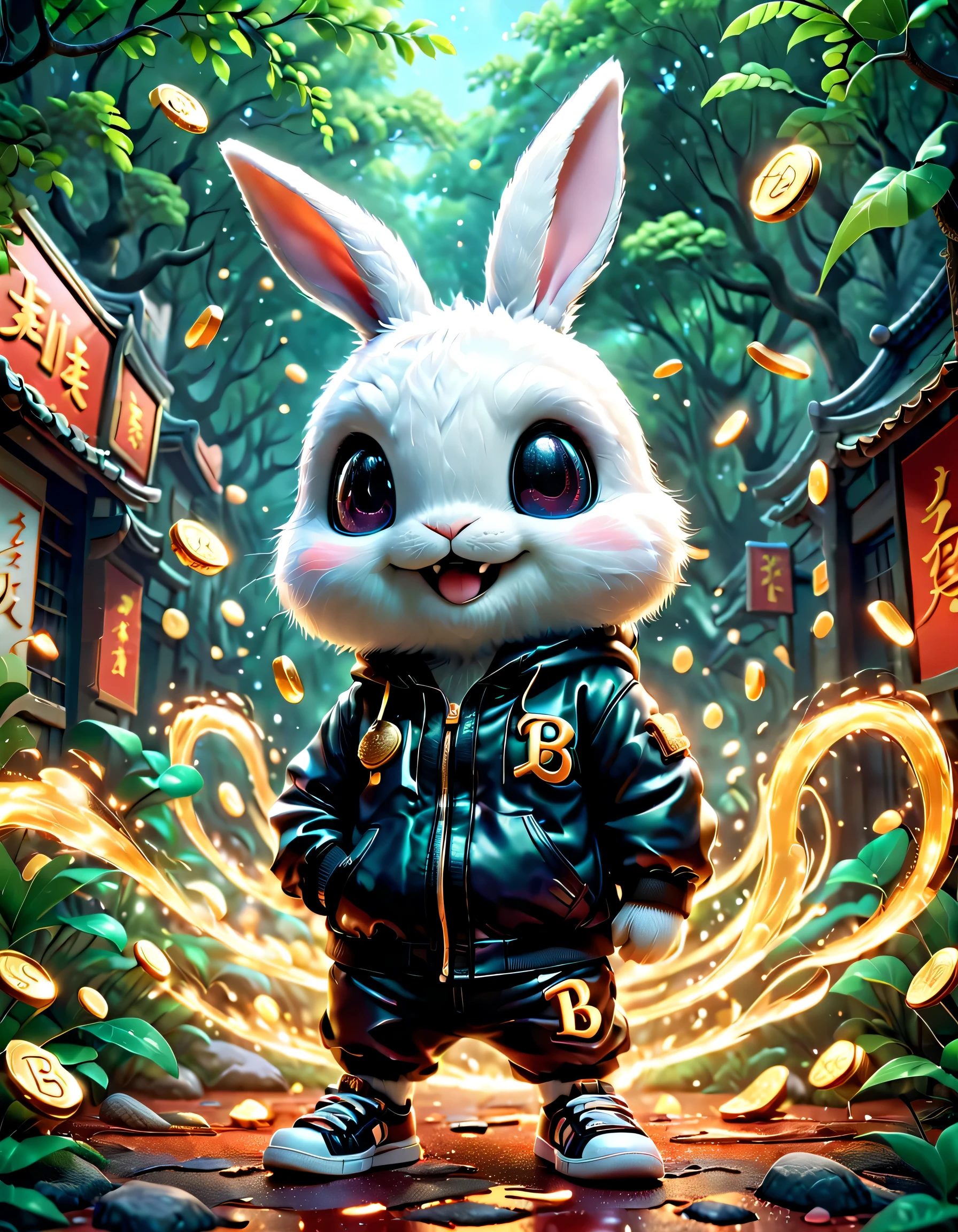 (Pixar style:1.6)),Electric creatures inspired by Pokémon,Create 3D renderings of fantasy creatures with electrical properties,Cartoon character of anthropomorphic rabbit wearing trendy street clothes,Wear a capital B"varsity jacket,Popular fashion sneakers。Rabbit with a happy expression,smiling,Bright appearance,Presented,The outstretched arms seem to point to something exciting,Show fun and enthusiasm。In the background is a park bustling with activity during the Chinese New Yearecracker,Spring couplets,Gold coins and red envelopes on the ground create a happy scene for tree species.。