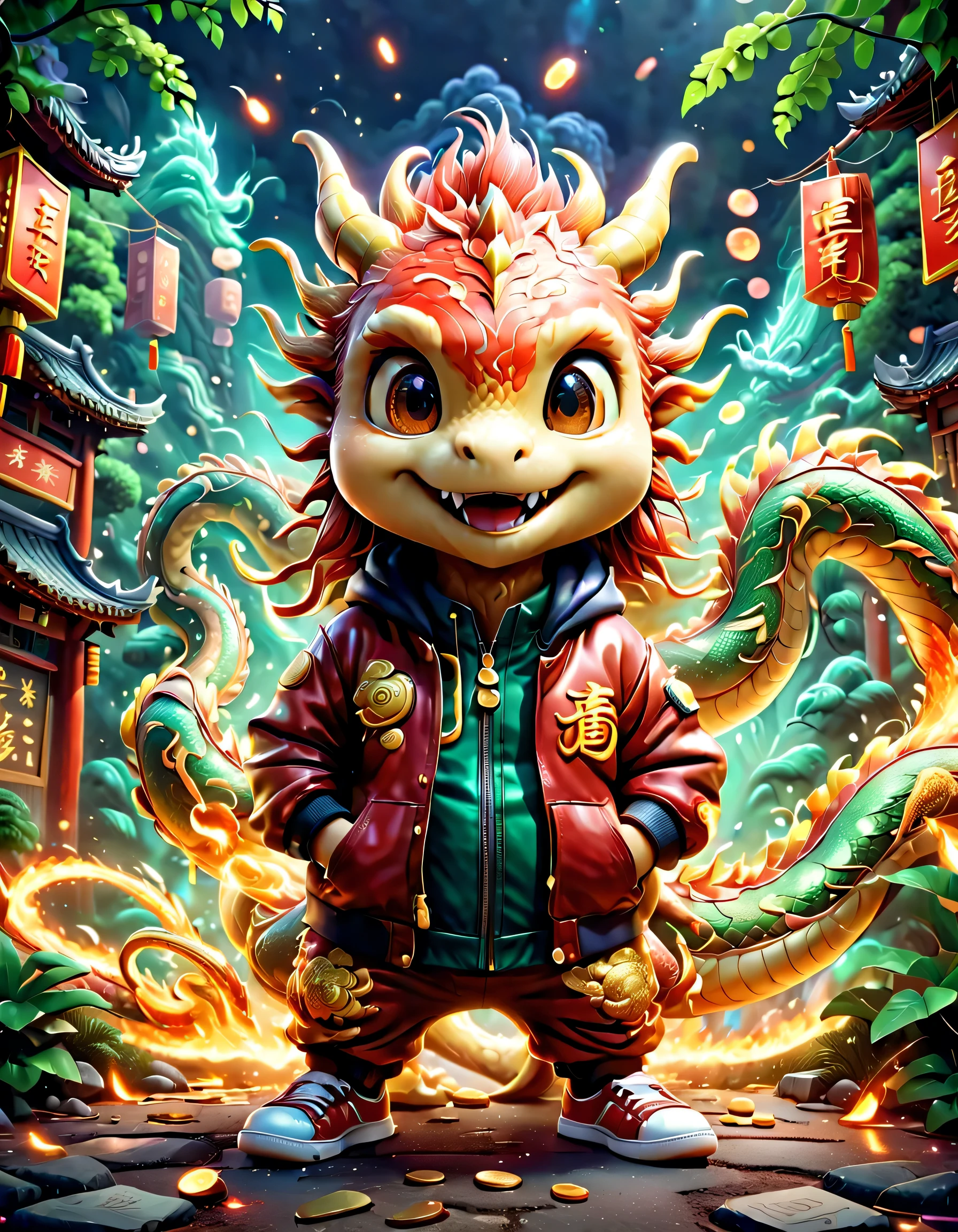 (Pixar style:1.6)),Electric creatures inspired by Pokémon,Create 3D renderings of fantasy creatures with electrical properties,1 Anthropomorphic Chinese dragon cartoon character wearing fashionable street clothing,Wear clothes marked with capital letters"Second"varsity jacket,Popular fashion sneakers。This Chinese dragon has a happy expression on his face,smiling,Bright appearance,Presented,The outstretched arms seem to point to something exciting,Show fun and enthusiasm。In the background is a park bustling with activity during the Chinese New Yearecracker,Spring couplets,Many gold coins and red envelopes on the ground create a happy scene of tree species.。
