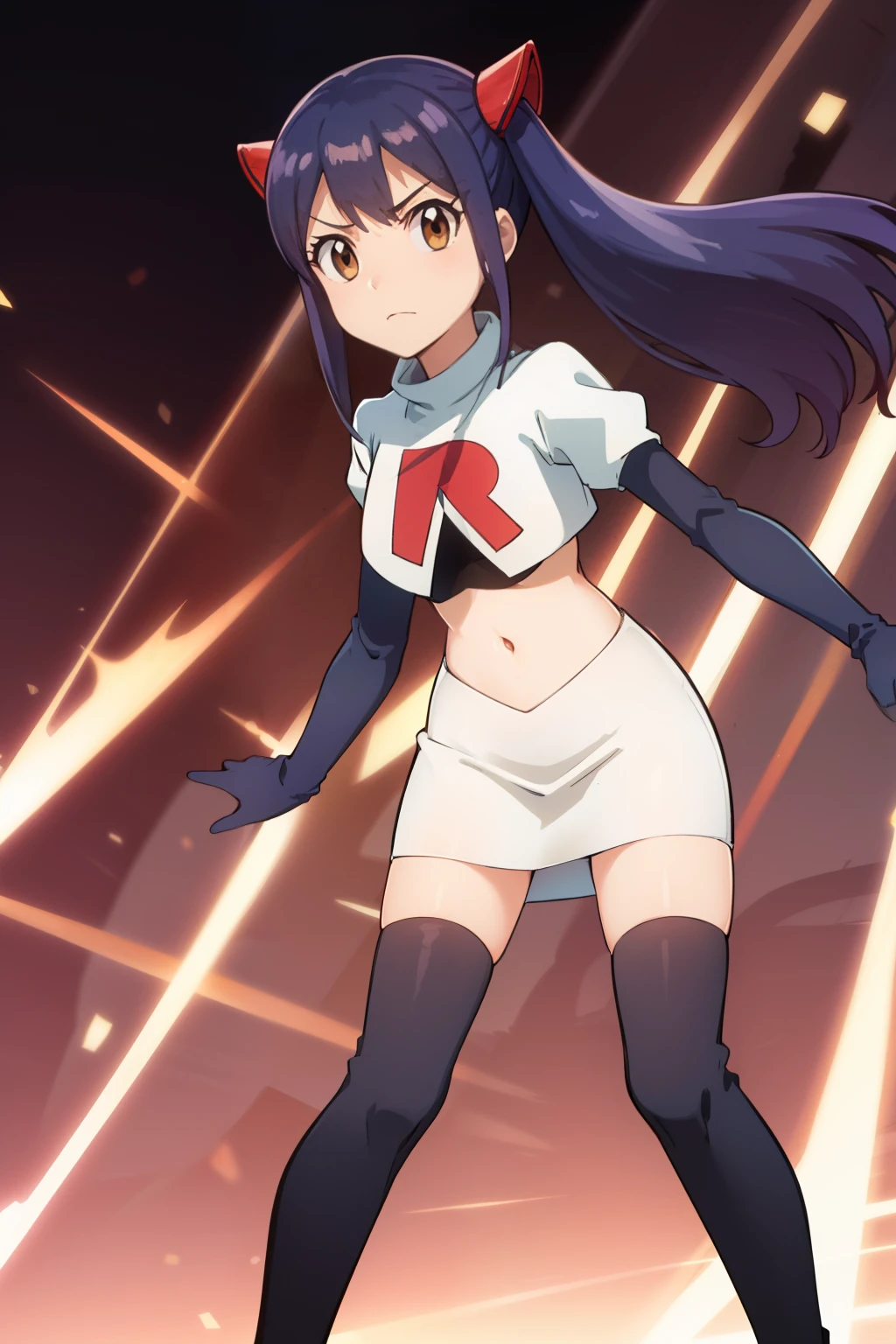 WENDY MARVELL, LONG HAIR, HAIR ORNAMENT, TWINTAILS, (BROWN EYES:1.2), BLUE HAIR, TATTOO, 1girl, solo, facing viewer, looking at viewer, team rocket uniform, red letter R, white skirt,white crop top,black thigh-highs,black elbow gloves