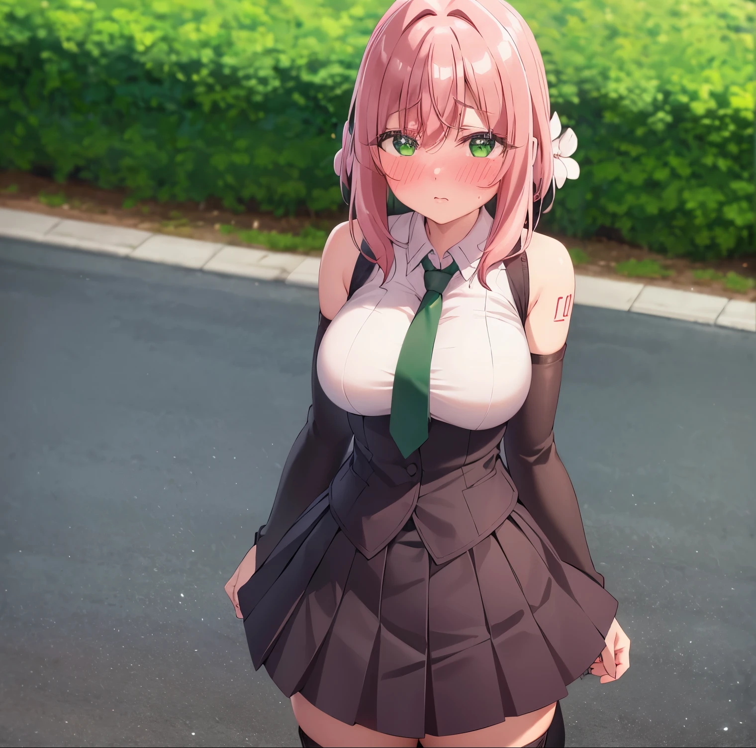 1girl, alone, hanazono hakari,outdoors, street, looking at viewer, (masterpiece:1.2), best quality, high resolution, unity 8k wallpaper, (illustration:0.8), (perfect hands, perfect anatomy), (blush:1.5), shiny hair, shiny skin, standing, large breasts, hanazono hakari, short hair, pink hair, hair between eyes, hair flower, hair ornament, green eyes, miku outfit, sleeveless shirt, grey shirt, detached sleeves, necktie, arm tattoo, skirt, thighhighs, thigh boots, arms at side,large breasts, medium waist, wide hips, medium thighs,