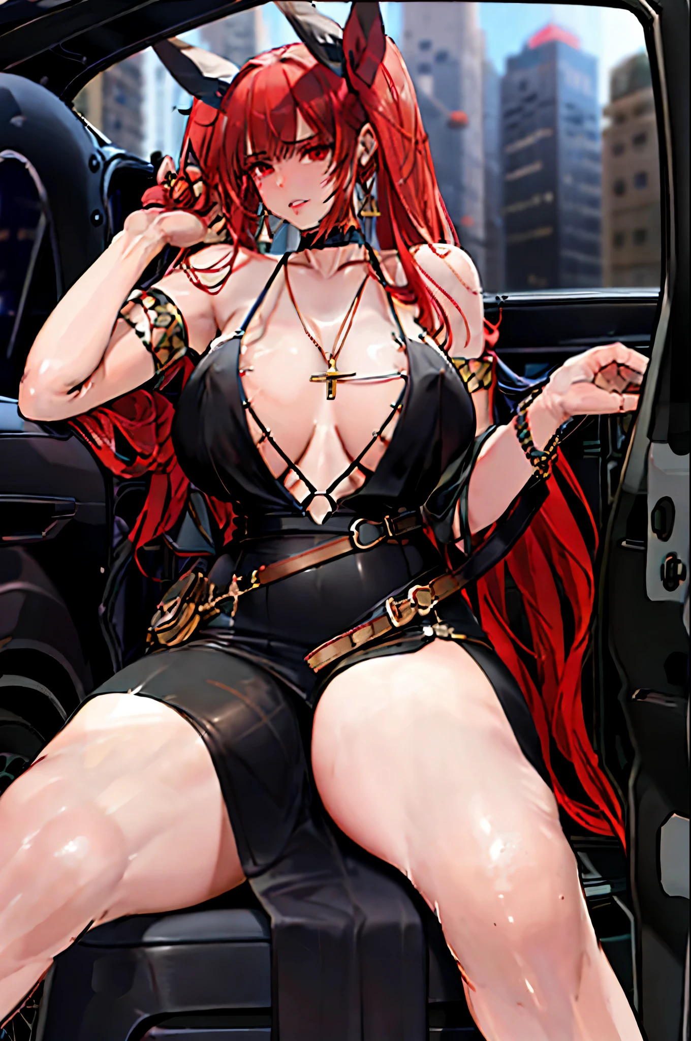 1girl, armlet, bag, bangs, bare shoulders, belt, black choker, car, car interior, choker, cleavage, collarbone, cosplay, dishwasher1910, dress, earrings, glint, ground vehicle, hair ornament, hair ribbon, handbag, holding, honolulu \(azur lane\), hoop earrings, jewelry, large breasts, long hair, looking at viewer, motor vehicle, necklace, no bra, parted lips, plunging neckline, red eyes, red hair, revealing clothes, ribbon, side slit, sideboob, sitting, solo, st. louis \(azur lane\), st. louis \(luxurious wheels\) \(azur lane\), thighs, twintails