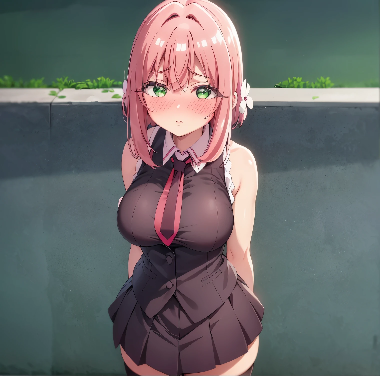 1girl, alone, hanazono hakari,outdoors, street, looking at viewer, (masterpiece:1.2), best quality, high resolution, unity 8k wallpaper, (illustration:0.8), (perfect hands, perfect anatomy), (blush:1.5), shiny hair, shiny skin, standing, large breasts, hanazono hakari, short hair, pink hair, hair between eyes, hair flower, hair ornament, green eyes, miku outfit, sleeveless shirt, grey shirt, detached sleeves, necktie, arm tattoo, skirt, thighhighs, thigh boots, arms at side,large breasts, medium waist, wide hips, medium thighs,