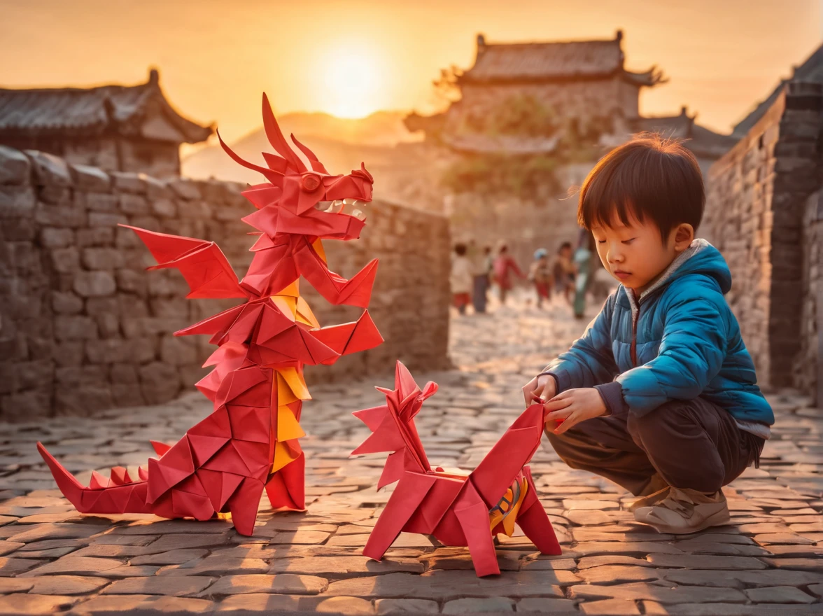 ((Magic sunset)). In the heart of an ancestral city, a vibrant scene unfolds as several Chinese children joyfully play with their wooden dragons to celebrate the arrival of the new year in 2024. The picturesque landscape showcases the magnificent Chinese wall, perfectly blending with the first light of the sunrise or the mesmerizing colors of the sunset. The children are adorned in beautifully crafted origami clothes, adding a touch of whimsy and elegance to the scene. In contrast, some children wear zentangle clothes, creating a striking visual contrast. The dragons they hold come to life with intricate details, thanks to the 3D crunch technique used in their creation. The overall image quality is of the highest standard, with a resolution of 4k or even 8k, resulting in a masterpiece of ultra-detailed beauty. The prompt embraces a realistic and photorealistic approach, capturing the true essence of the moment. The art style draws inspiration from traditional Chinese portraits and landscapes, evoking a sense of cultural heritage and pride. Vibrant colors and warm color tones artistically depict the warm embrace of the sun's rays on the children and their surroundings. The scene is bathed in gentle and magical studio lighting, creating a captivating ambience.