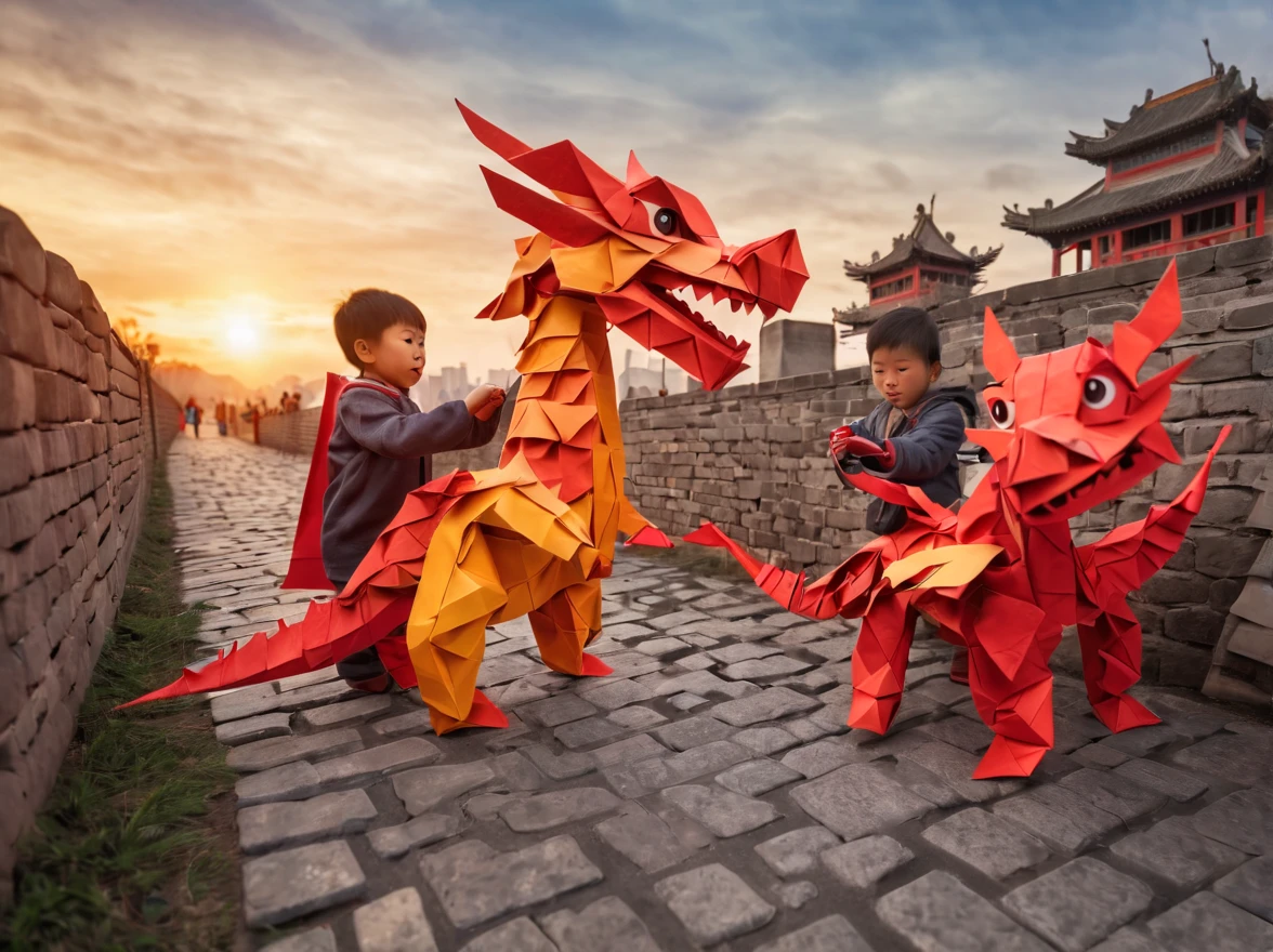 ((Magic sunset)). In the heart of an ancestral city, a vibrant scene unfolds as several Chinese children joyfully play with their wooden dragons to celebrate the arrival of the new year in 2024. The picturesque landscape showcases the magnificent Chinese wall, perfectly blending with the first light of the sunrise or the mesmerizing colors of the sunset. The children are adorned in beautifully crafted origami clothes, adding a touch of whimsy and elegance to the scene. In contrast, some children wear zentangle clothes, creating a striking visual contrast. The dragons they hold come to life with intricate details, thanks to the 3D crunch technique used in their creation. The overall image quality is of the highest standard, with a resolution of 4k or even 8k, resulting in a masterpiece of ultra-detailed beauty. The prompt embraces a realistic and photorealistic approach, capturing the true essence of the moment. The art style draws inspiration from traditional Chinese portraits and landscapes, evoking a sense of cultural heritage and pride. Vibrant colors and warm color tones artistically depict the warm embrace of the sun's rays on the children and their surroundings. The scene is bathed in gentle and magical studio lighting, creating a captivating ambience.