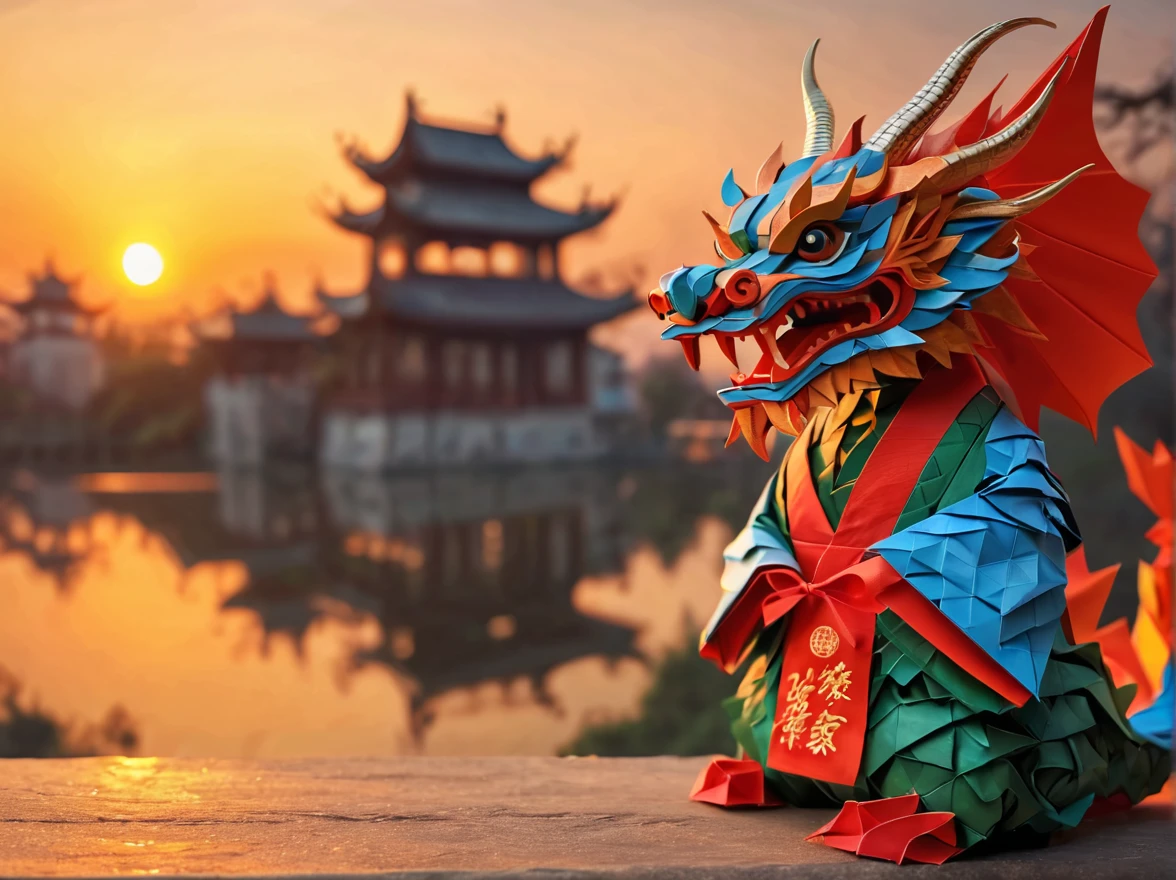 ((Magic sunset)). In the heart of an ancestral city, a vibrant scene unfolds as several Chinese children joyfully play with their wooden dragons to celebrate the arrival of the new year in 2024. The picturesque landscape showcases the magnificent Chinese wall, perfectly blending with the first light of the sunrise or the mesmerizing colors of the sunset. The children are adorned in beautifully crafted origami clothes, adding a touch of whimsy and elegance to the scene. In contrast, some children wear zentangle clothes, creating a striking visual contrast. The dragons they hold come to life with intricate details, thanks to the 3D crunch technique used in their creation. The overall image quality is of the highest standard, with a resolution of 4k or even 8k, resulting in a masterpiece of ultra-detailed beauty. The prompt embraces a realistic and photorealistic approach, capturing the true essence of the moment. The art style draws inspiration from traditional Chinese portraits and landscapes, evoking a sense of cultural heritage and pride. Vibrant colors and warm color tones artistically depict the warm embrace of the sun's rays on the children and their surroundings. The scene is bathed in gentle and magical studio lighting, creating a captivating ambience.
